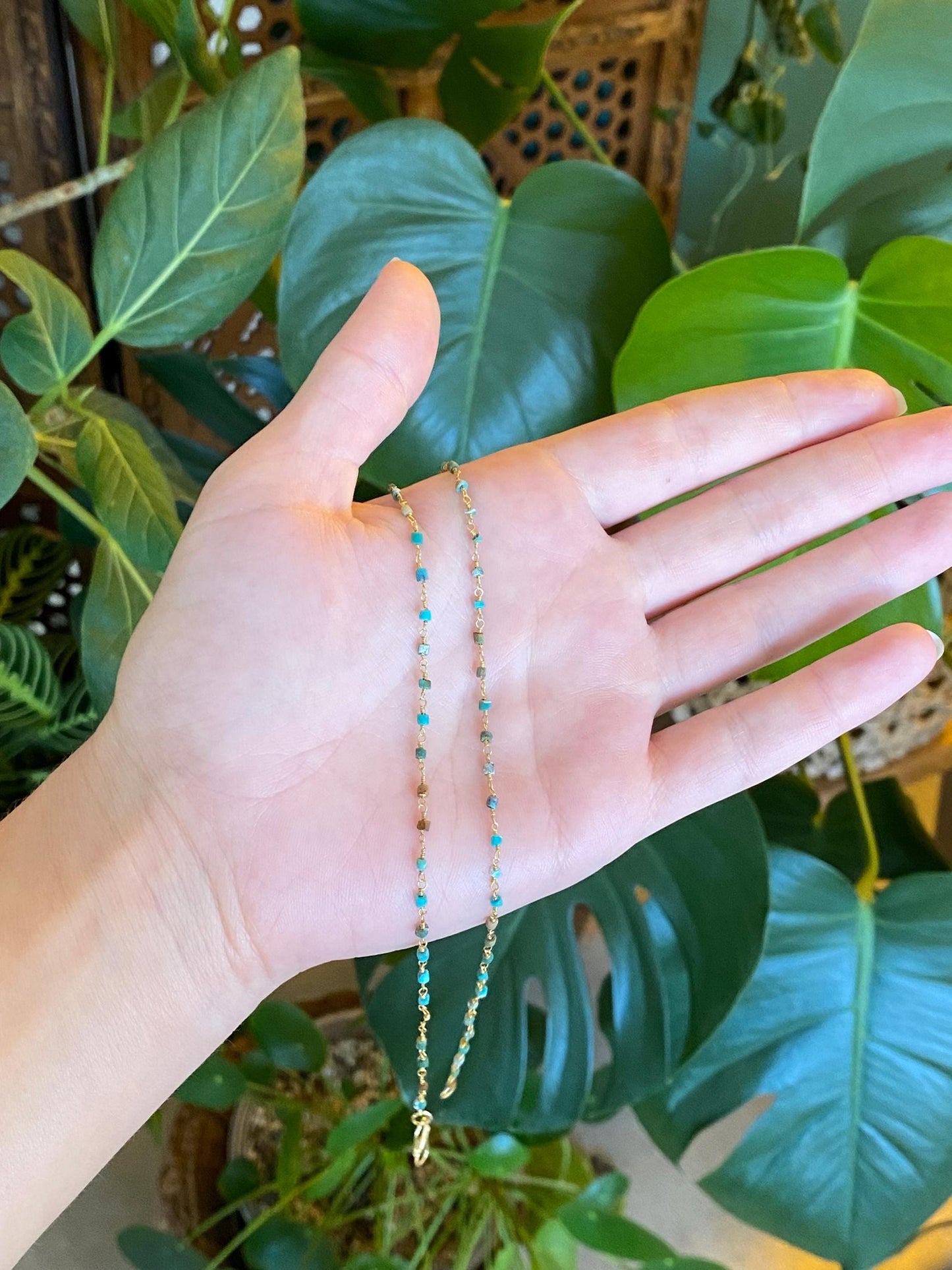 Vintage Solid 18k Yellow Gold Wire Wrapped Turquoise Bead Necklace - 16 inches