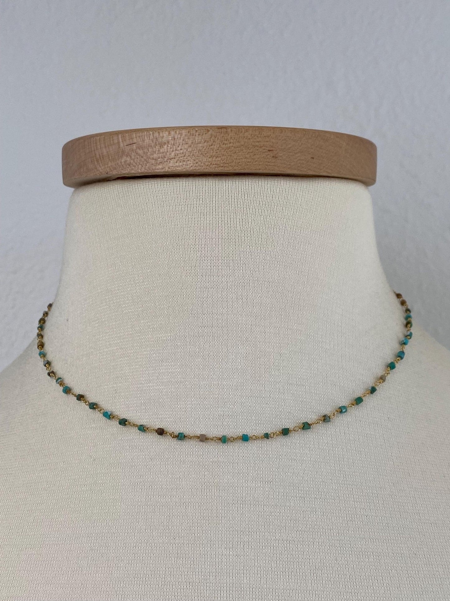 Vintage Solid 18k Yellow Gold Wire Wrapped Turquoise Bead Necklace - 16 inches