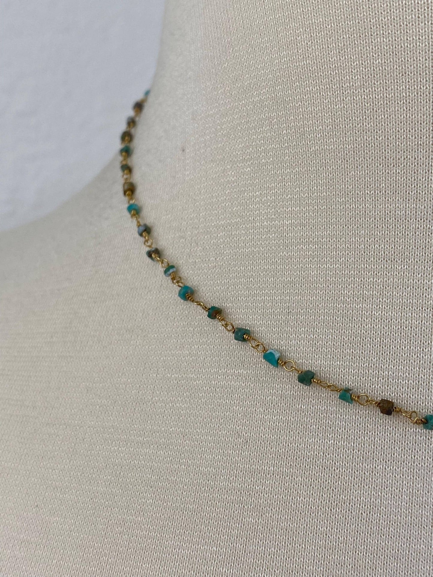 Vintage Solid 18k Yellow Gold Wire Wrapped Turquoise Bead Necklace - 16 inches