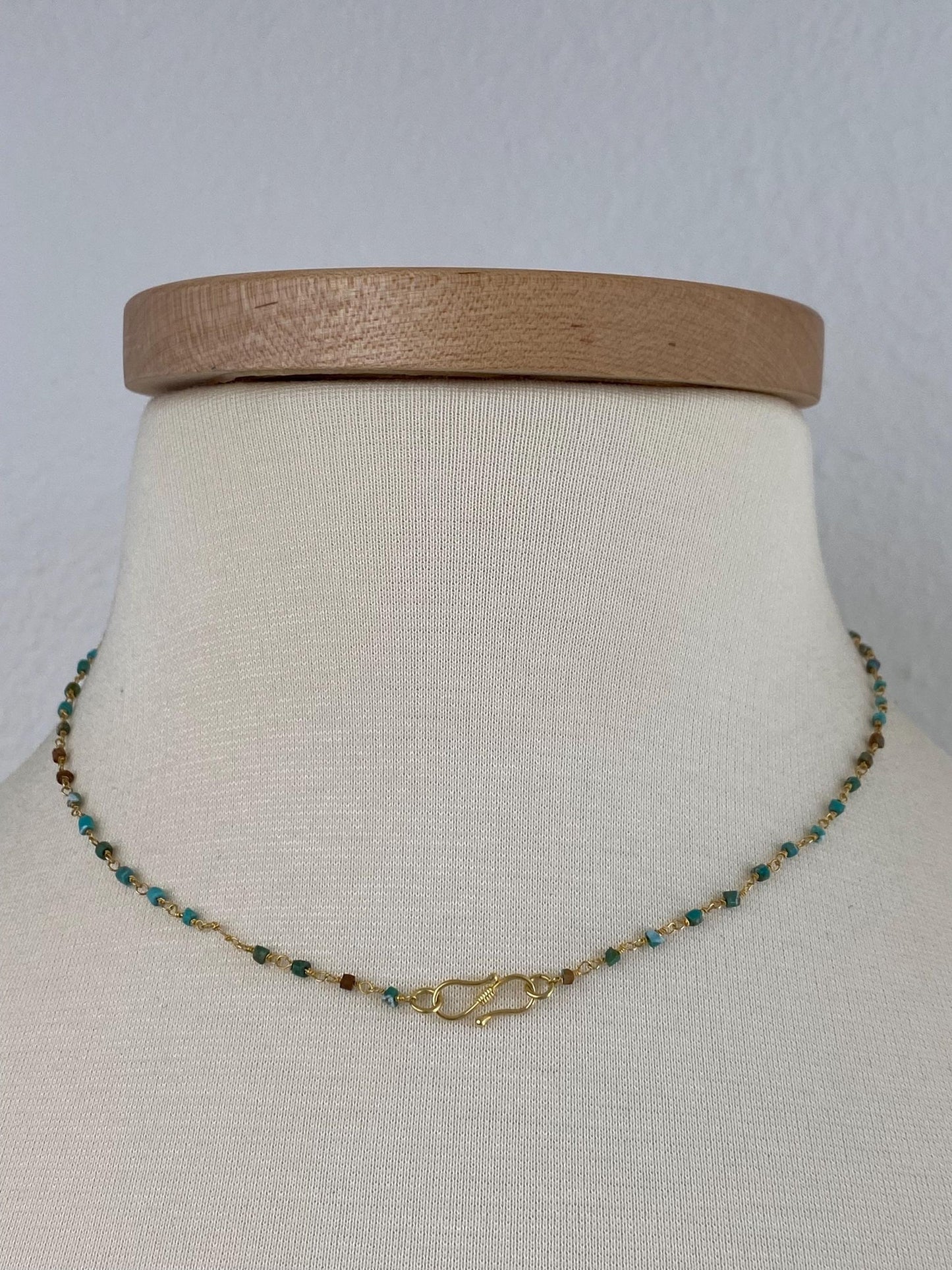 Vintage Solid 18k Yellow Gold Wire Wrapped Turquoise Bead Necklace - 16 inches
