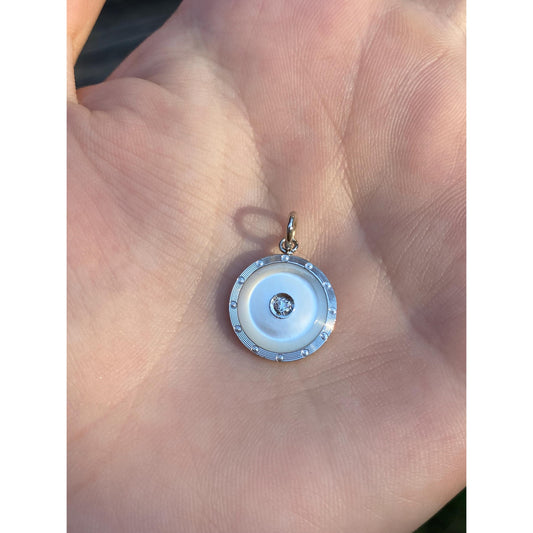 Vintage Solid 14k Yellow & White Gold Diamond MOP Round Cufflink Conversion Charm