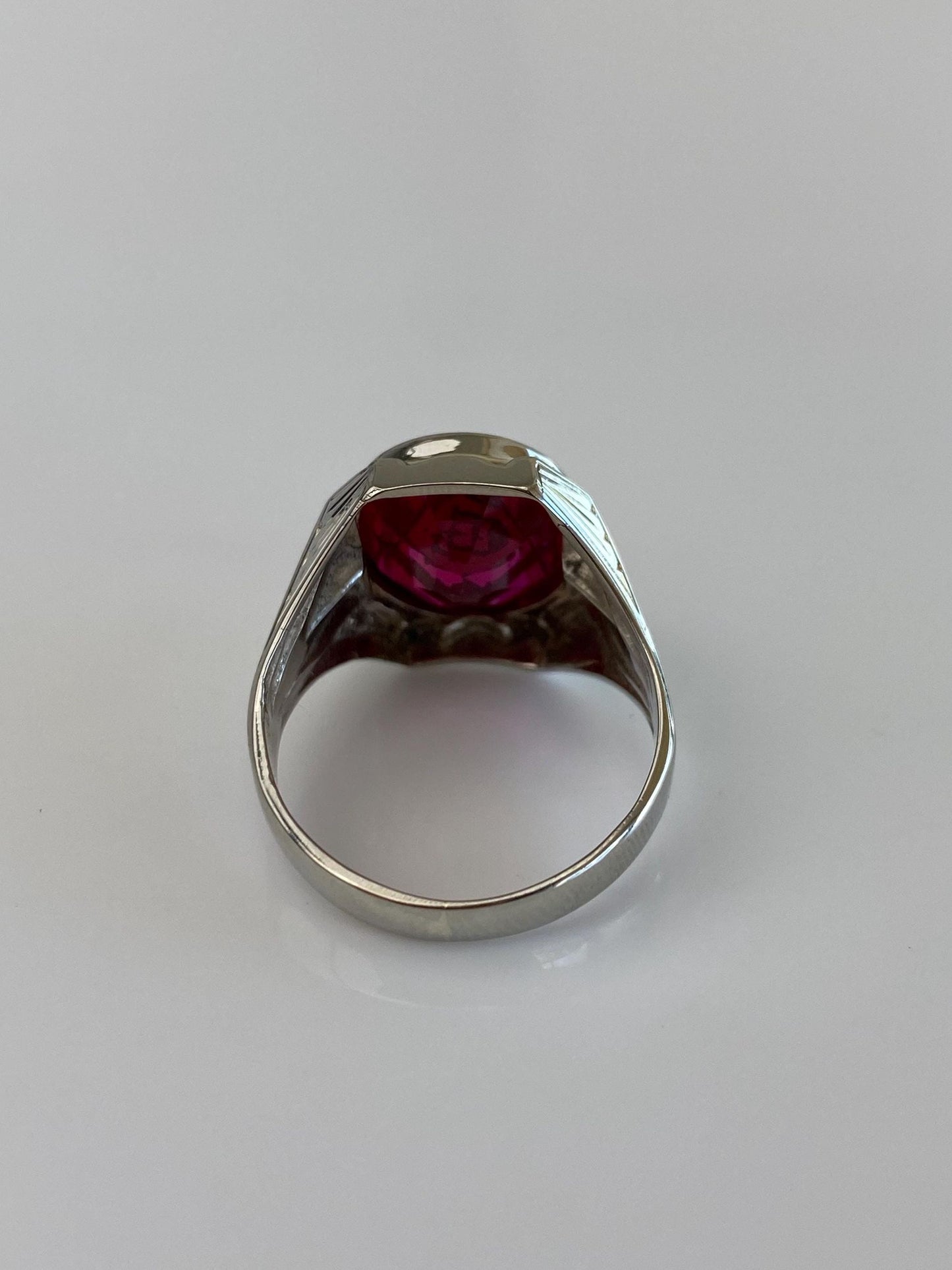 Vintage Solid 10k White Gold Pink Sapphire Freemason Ring - Size 8.5