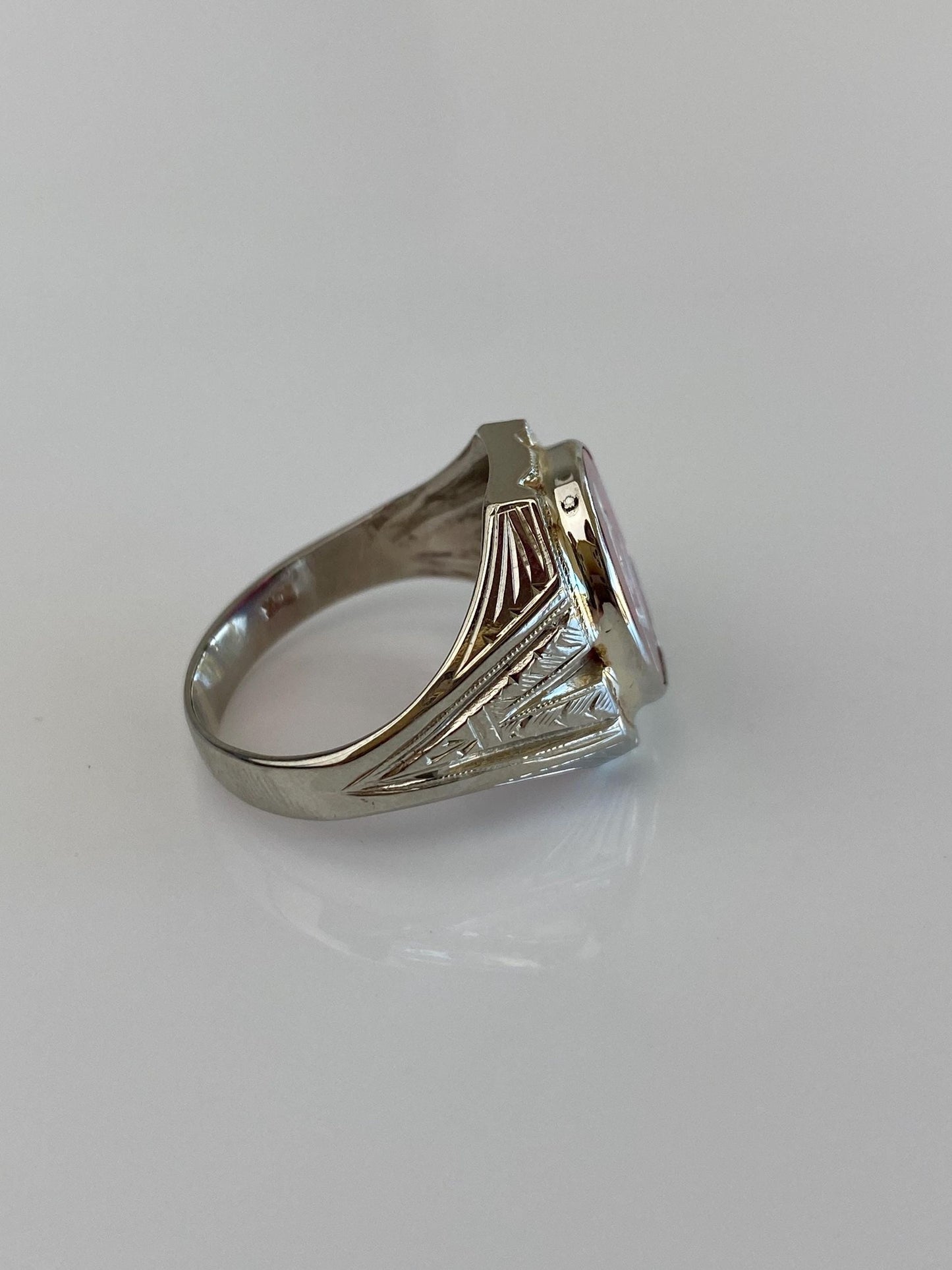 Vintage Solid 10k White Gold Pink Sapphire Freemason Ring - Size 8.5