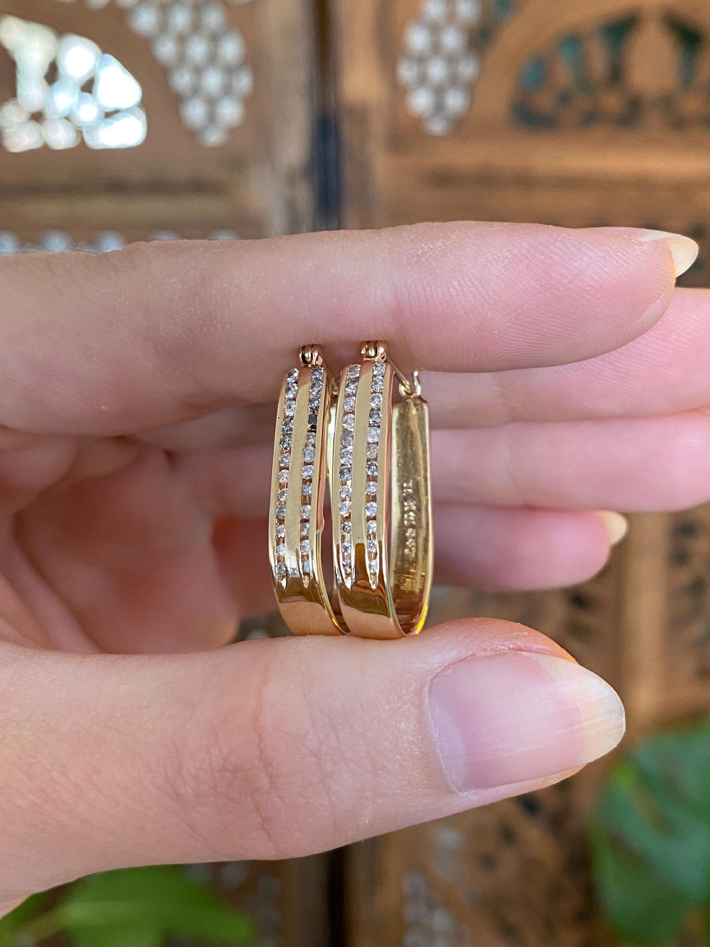 Vintage Solid 14k Yellow Gold Diamond Oval Hoop Earrings