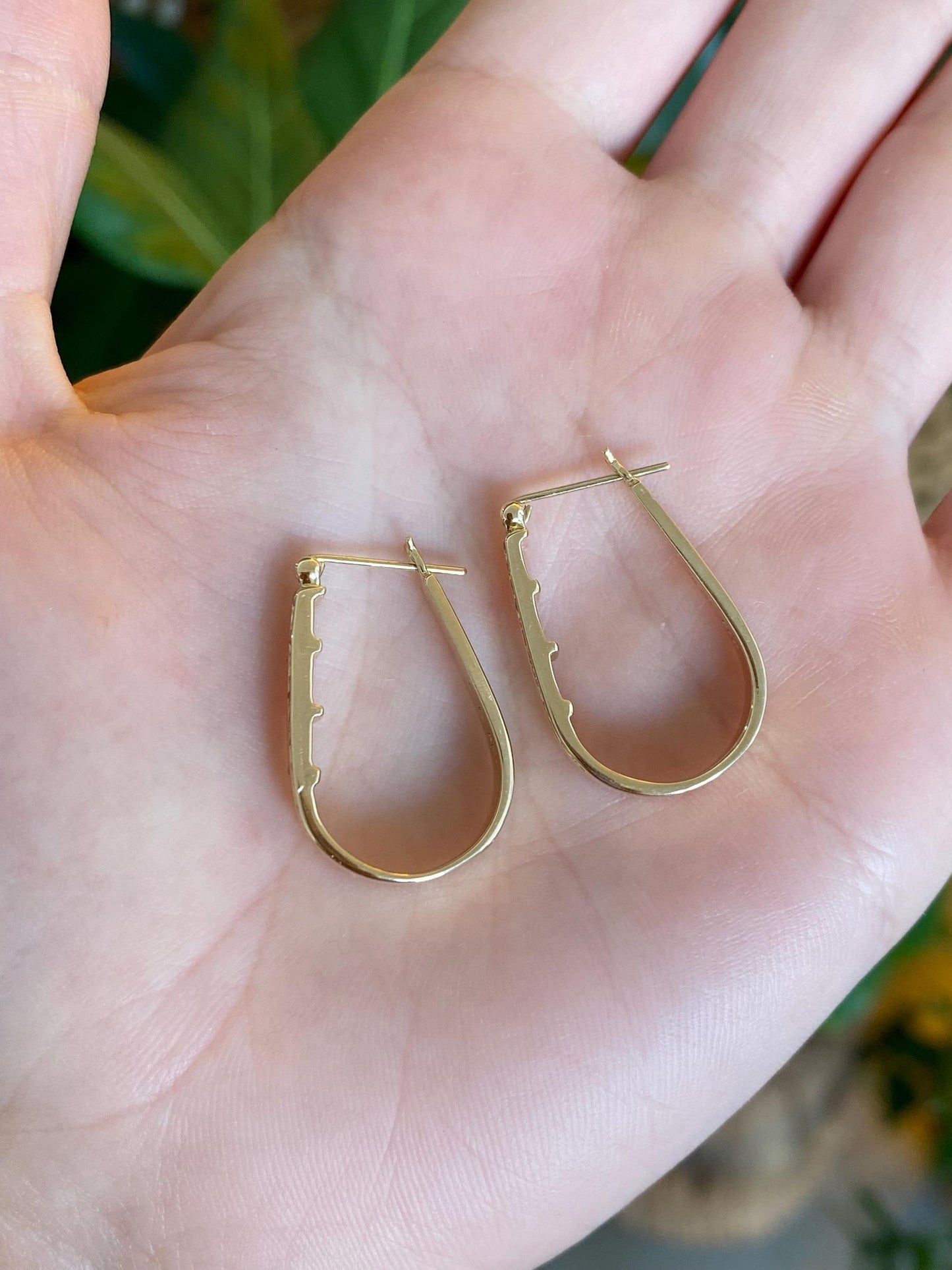 Vintage Solid 14k Yellow Gold Diamond Oval Hoop Earrings