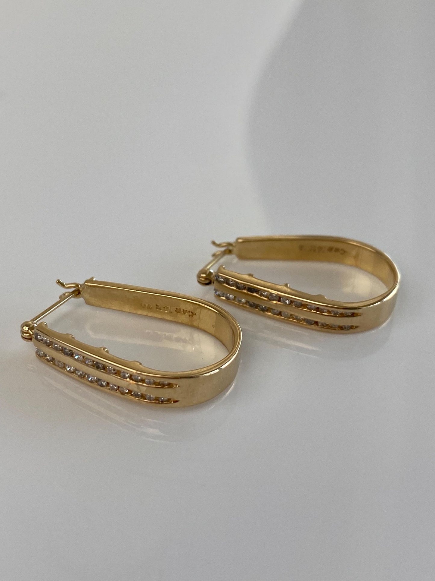 Vintage Solid 14k Yellow Gold Diamond Oval Hoop Earrings