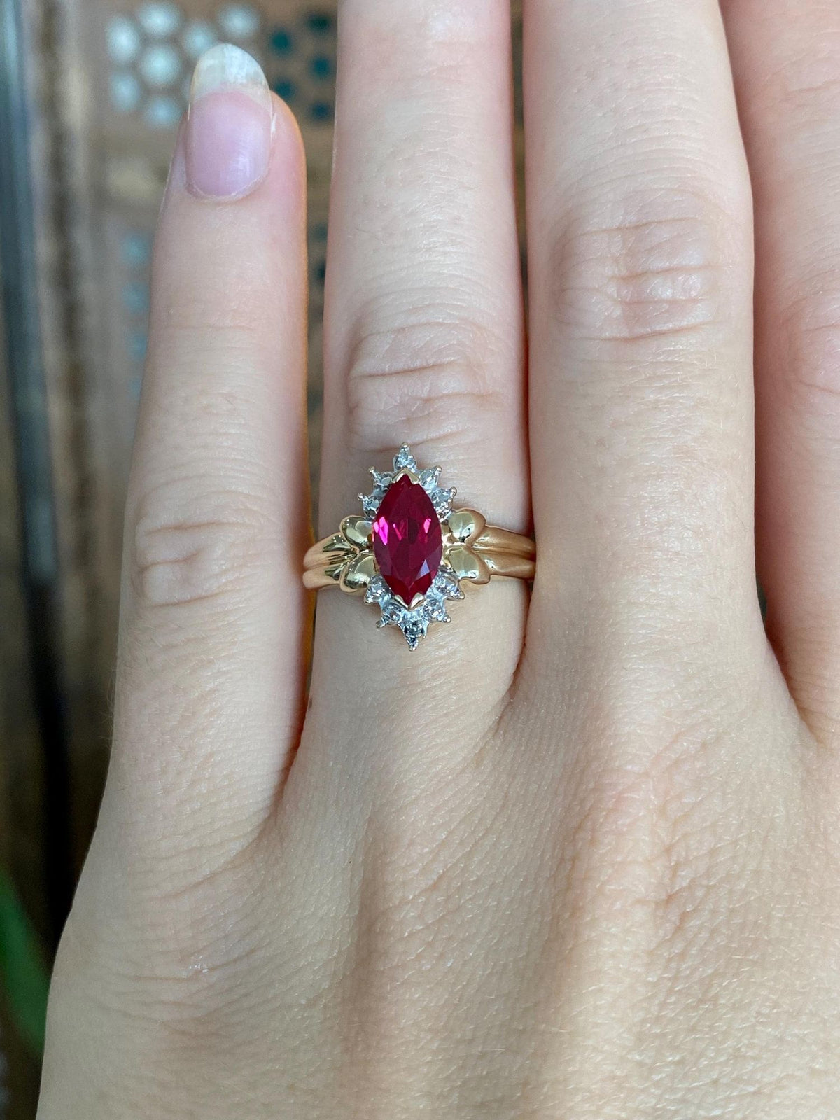 Vintage Solid 10k White & Yellow Gold Diamonds Marquis Pink Sapphire Ring - Size 6.5