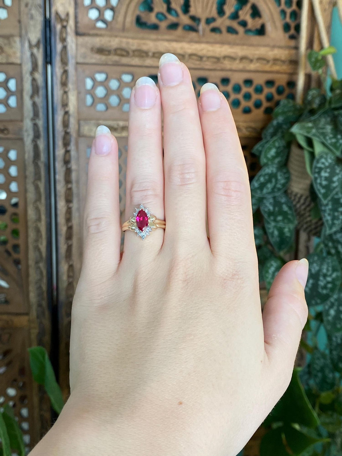 Vintage Solid 10k White & Yellow Gold Diamonds Marquis Pink Sapphire Ring - Size 6.5