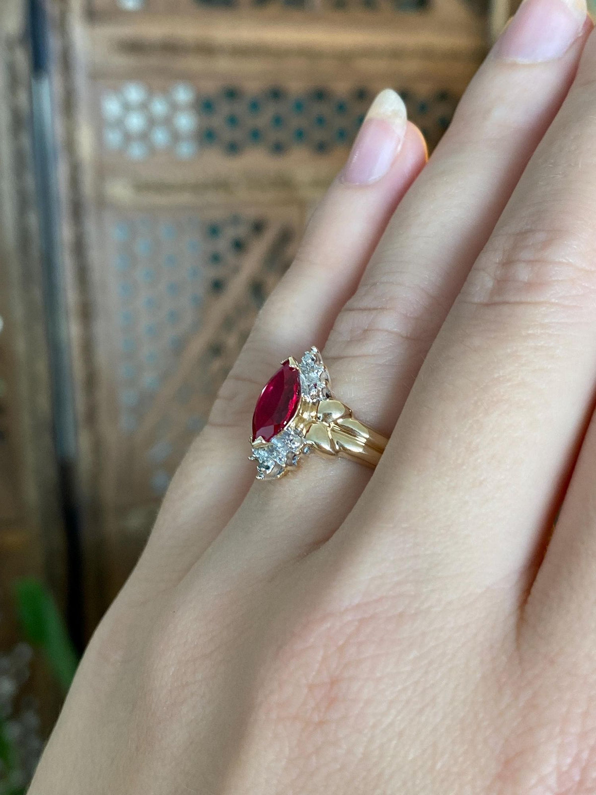 Vintage Solid 10k White & Yellow Gold Diamonds Marquis Pink Sapphire Ring - Size 6.5