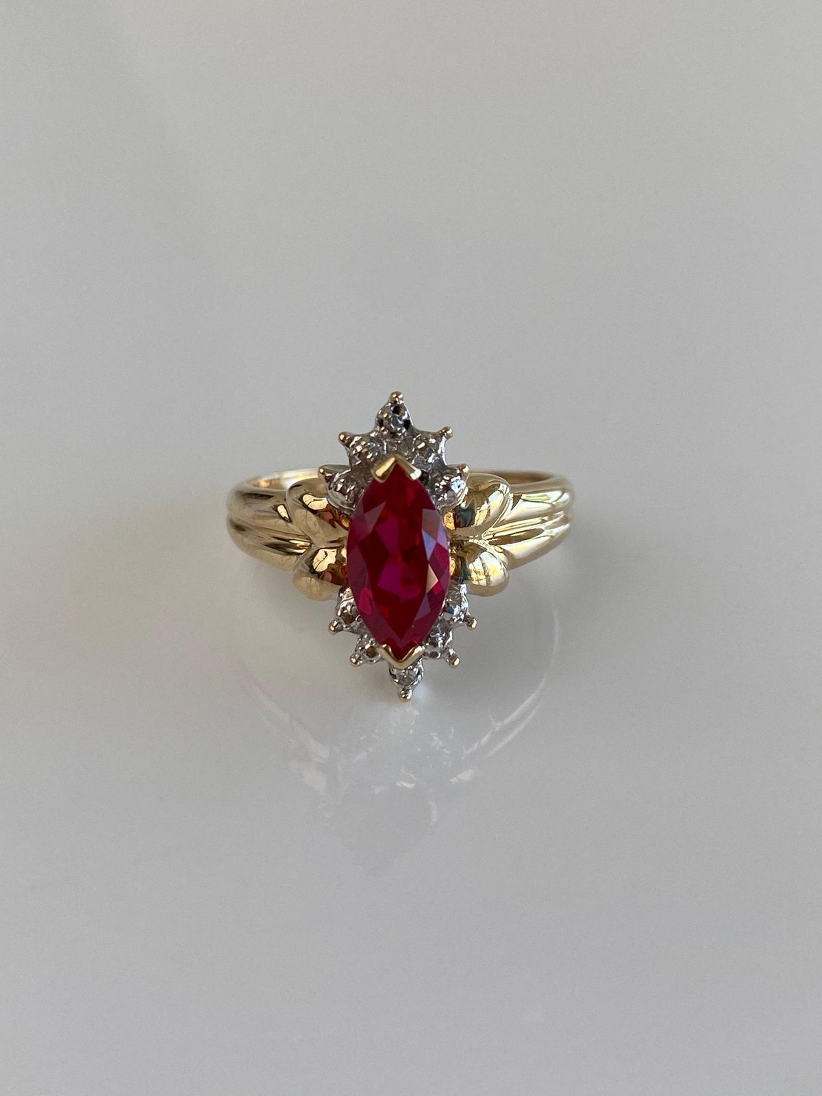 Vintage Solid 10k White & Yellow Gold Diamonds Marquis Pink Sapphire Ring - Size 6.5