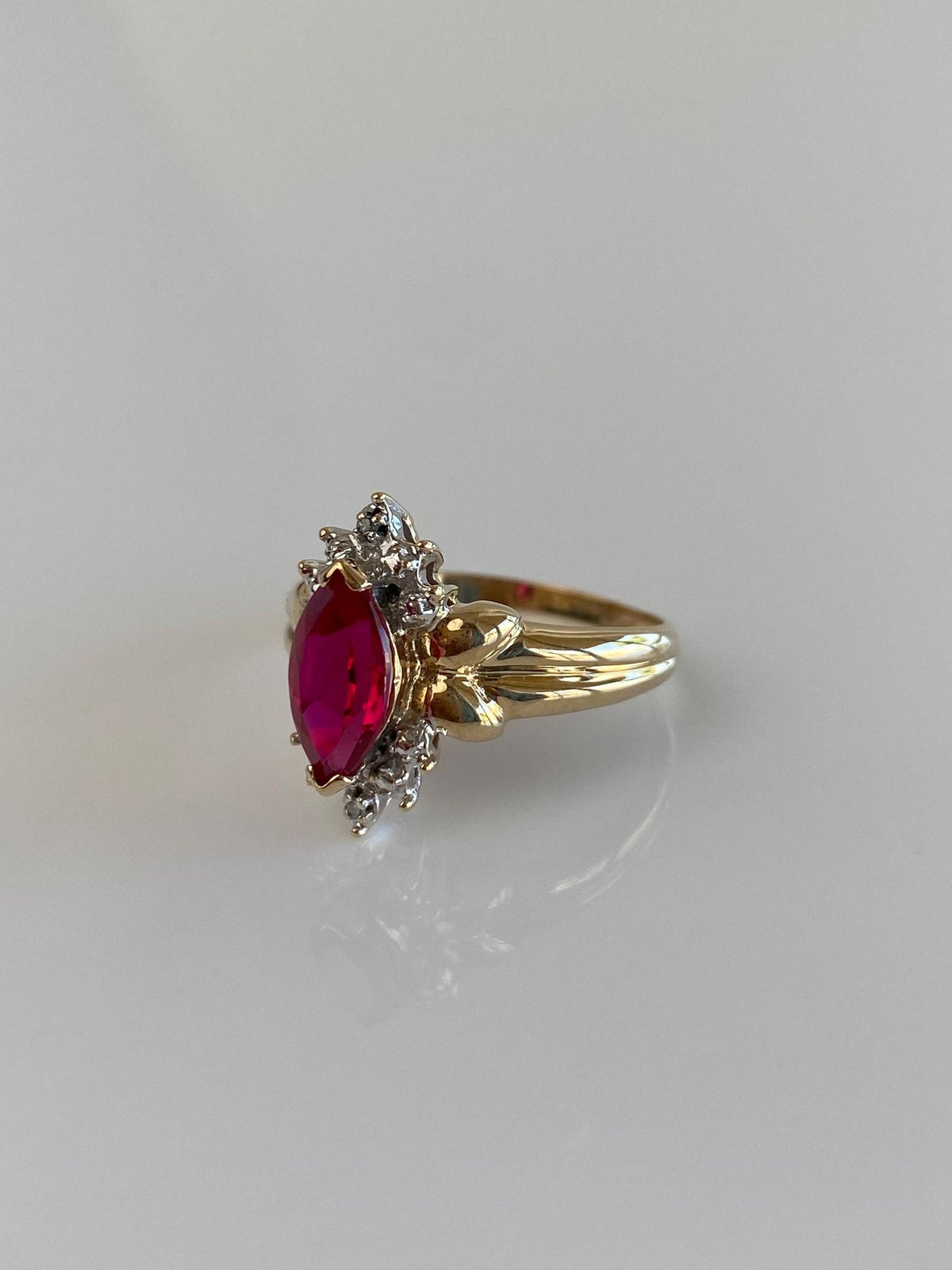 Vintage Solid 10k White & Yellow Gold Diamonds Marquis Pink Sapphire Ring - Size 6.5
