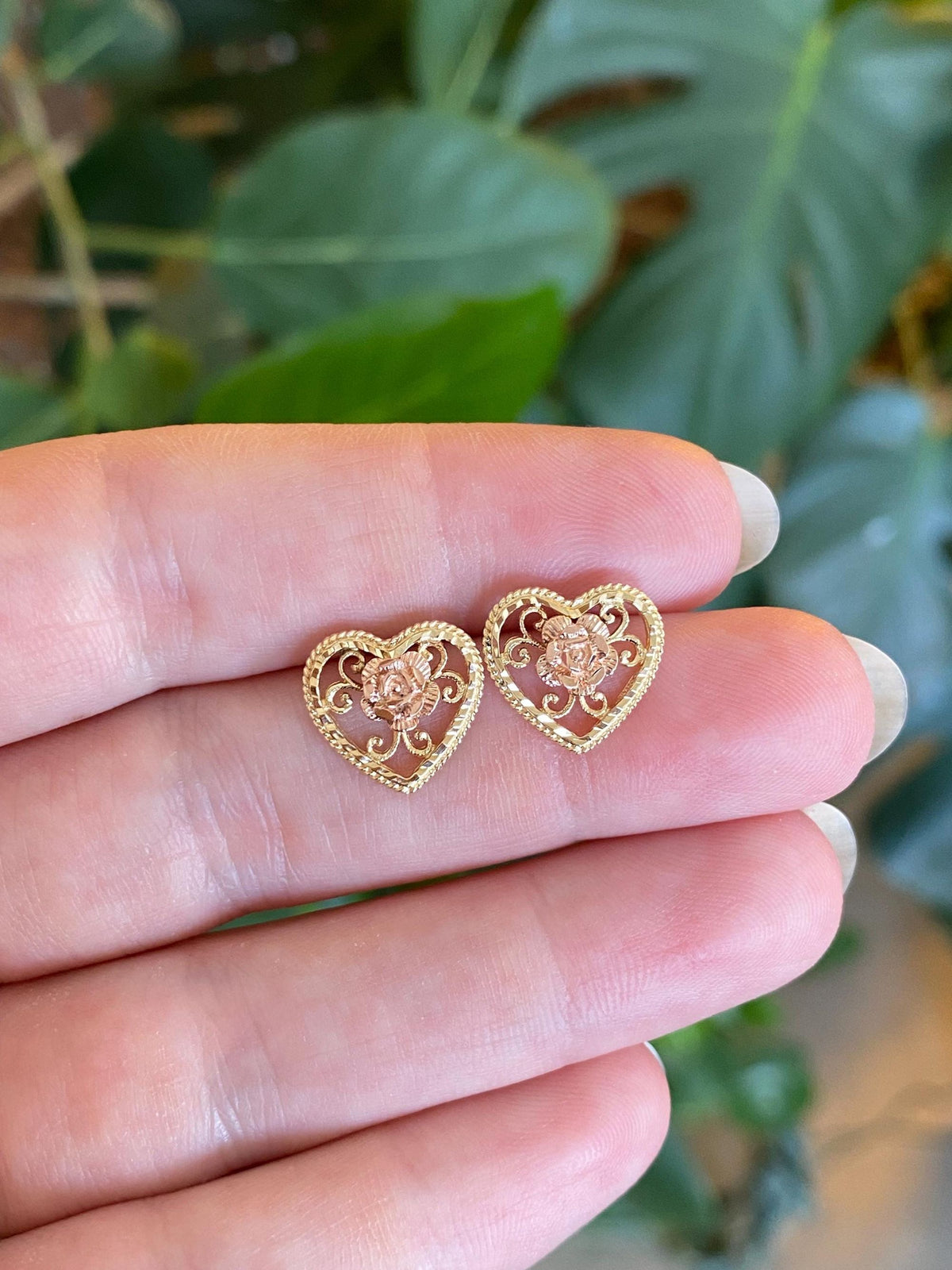 Vintage Solid 14k Rose & Yellow Gold Filigree Diamond Cut Open Work Rose Stud Earrings