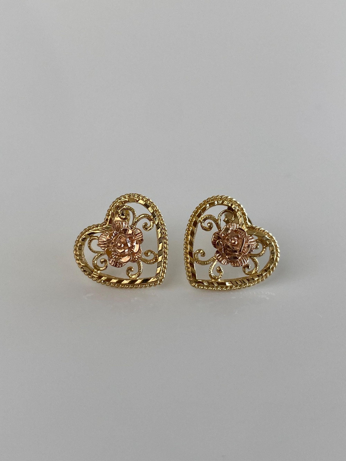 Vintage Solid 14k Rose & Yellow Gold Filigree Diamond Cut Open Work Rose Stud Earrings