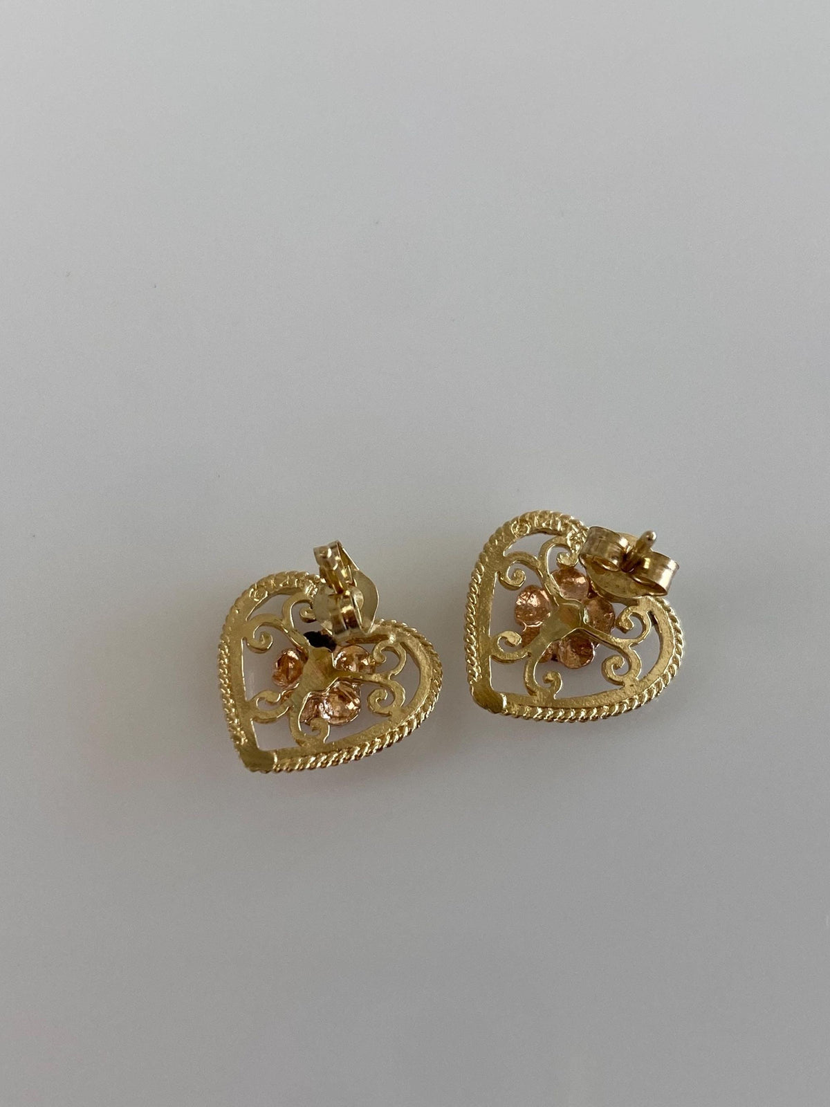 Vintage Solid 14k Rose & Yellow Gold Filigree Diamond Cut Open Work Rose Stud Earrings