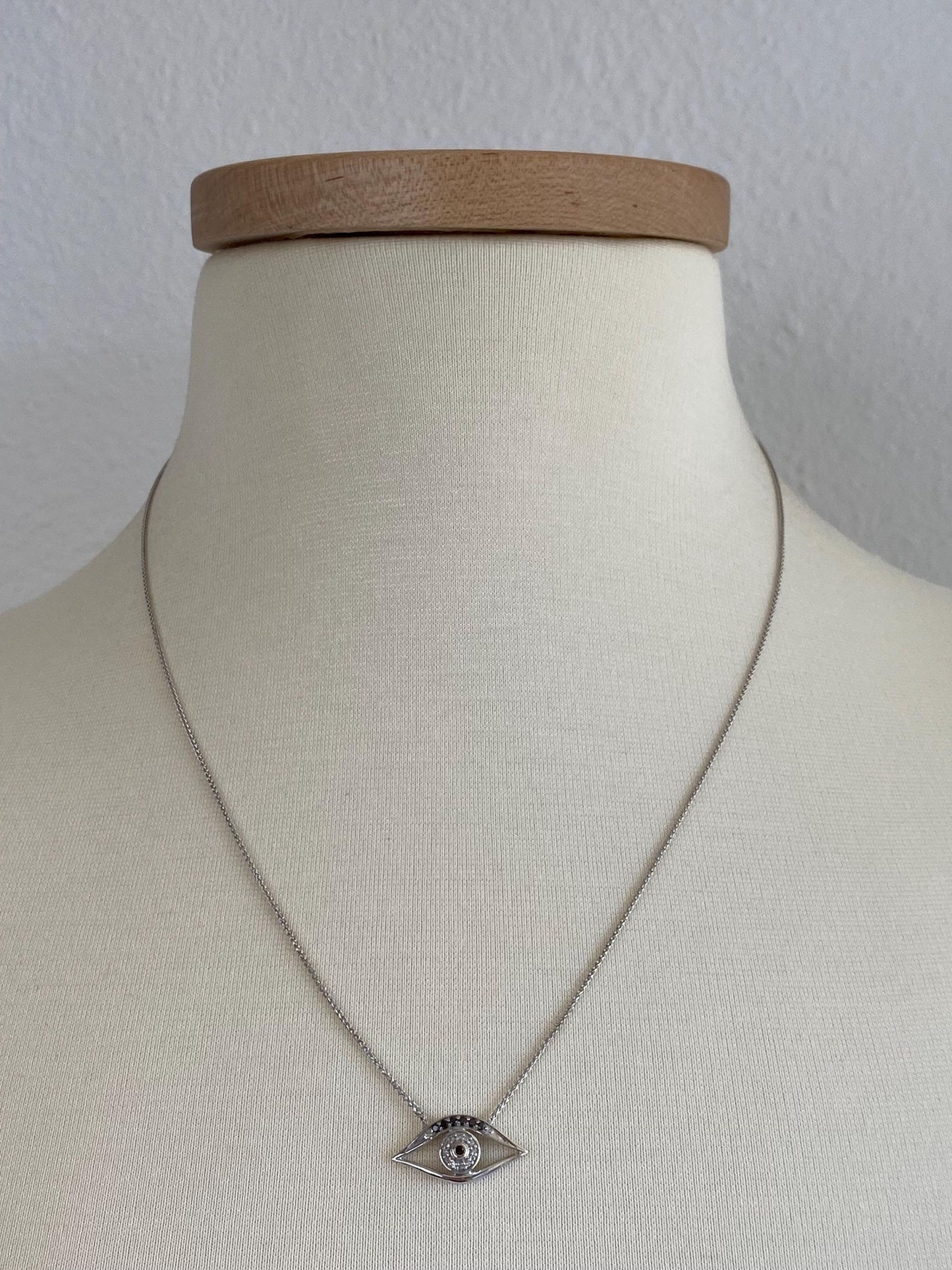 Solid 14k White Gold Diamond & Hematite Eye Charm Slim Wheat Chain Necklace - 20.5 inches