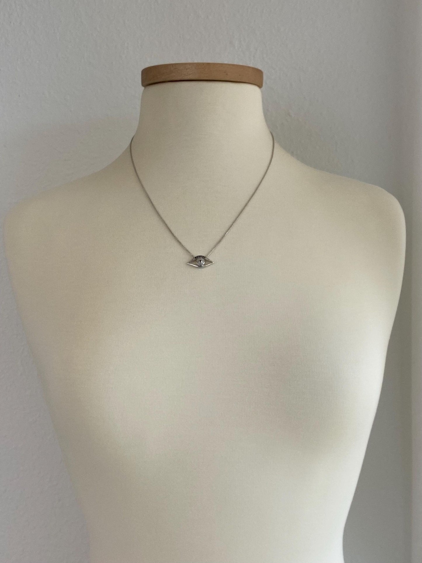 Solid 14k White Gold Diamond & Hematite Eye Charm Slim Wheat Chain Necklace - 20.5 inches