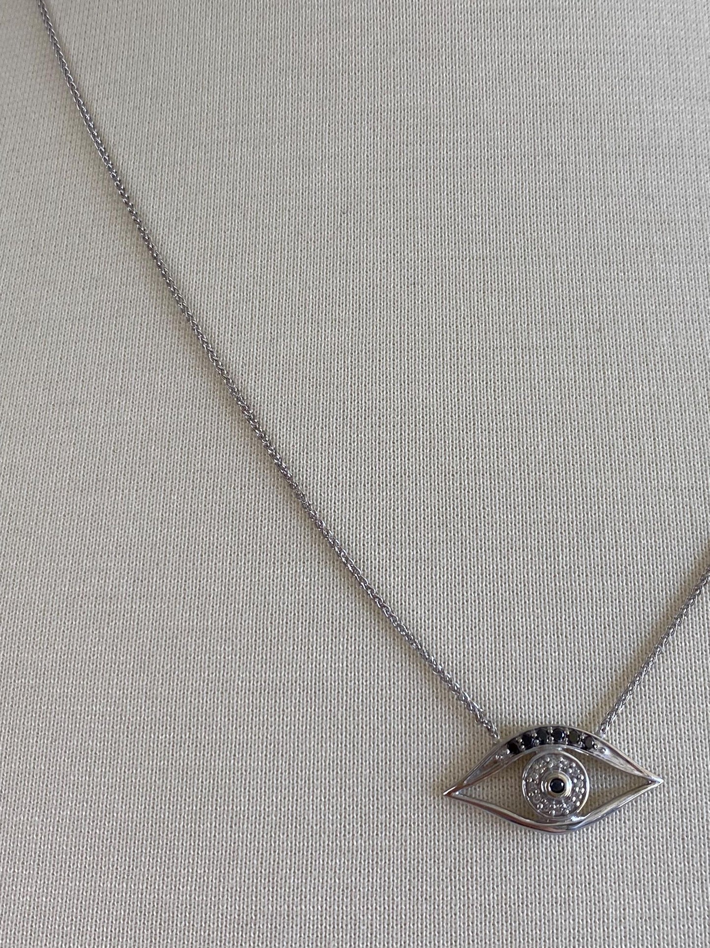 Solid 14k White Gold Diamond & Hematite Eye Charm Slim Wheat Chain Necklace - 20.5 inches