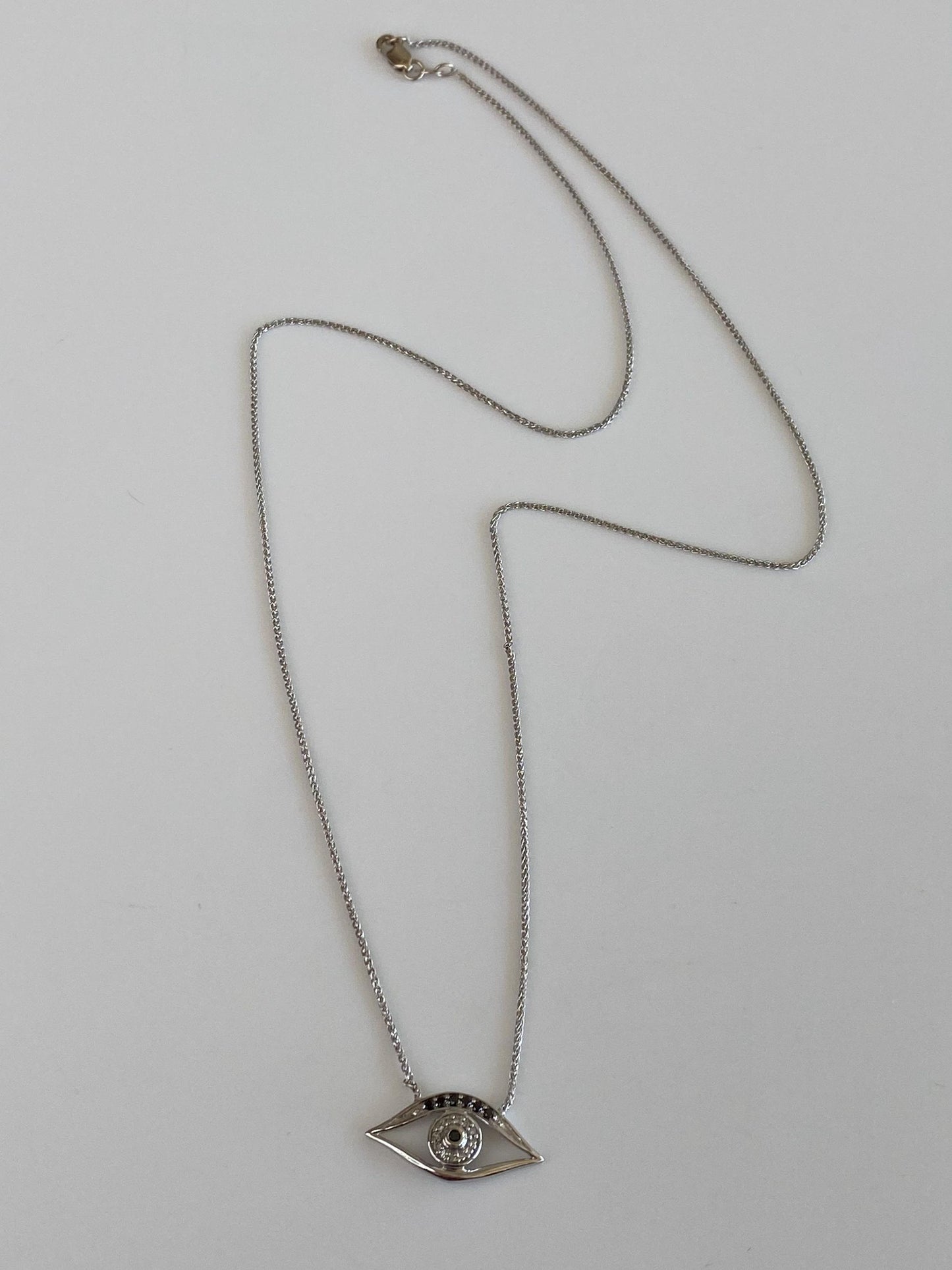 Solid 14k White Gold Diamond & Hematite Eye Charm Slim Wheat Chain Necklace - 20.5 inches
