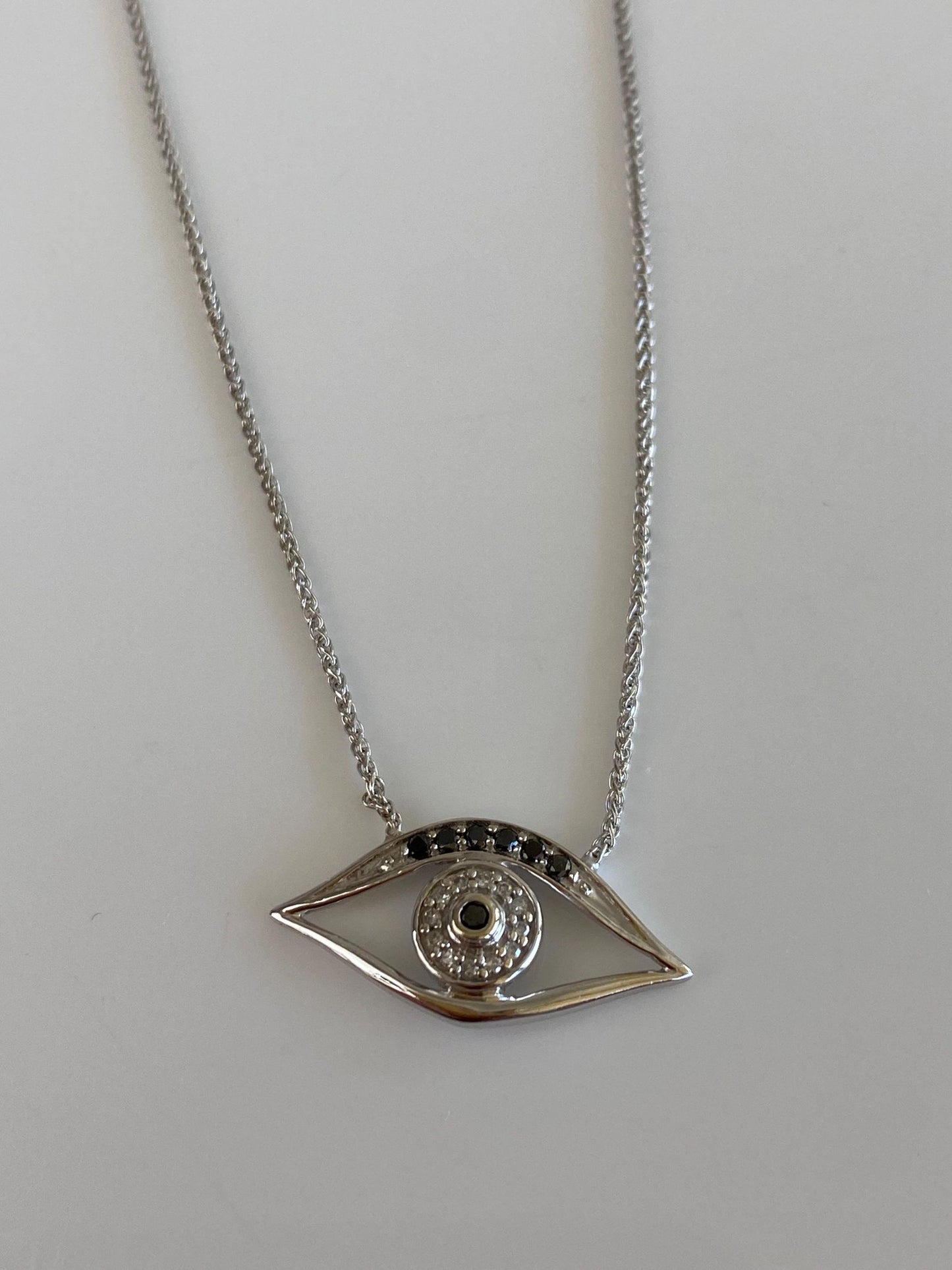Solid 14k White Gold Diamond & Hematite Eye Charm Slim Wheat Chain Necklace - 20.5 inches