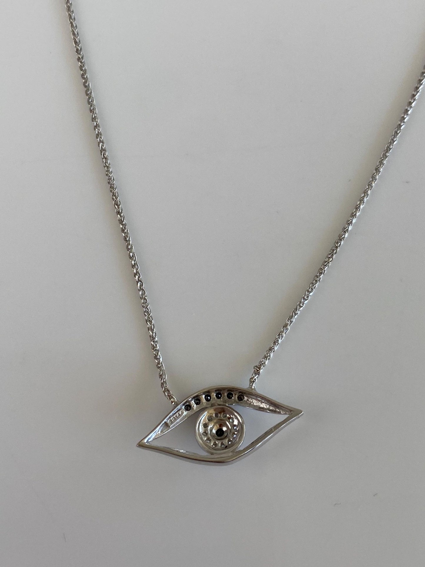 Solid 14k White Gold Diamond & Hematite Eye Charm Slim Wheat Chain Necklace - 20.5 inches