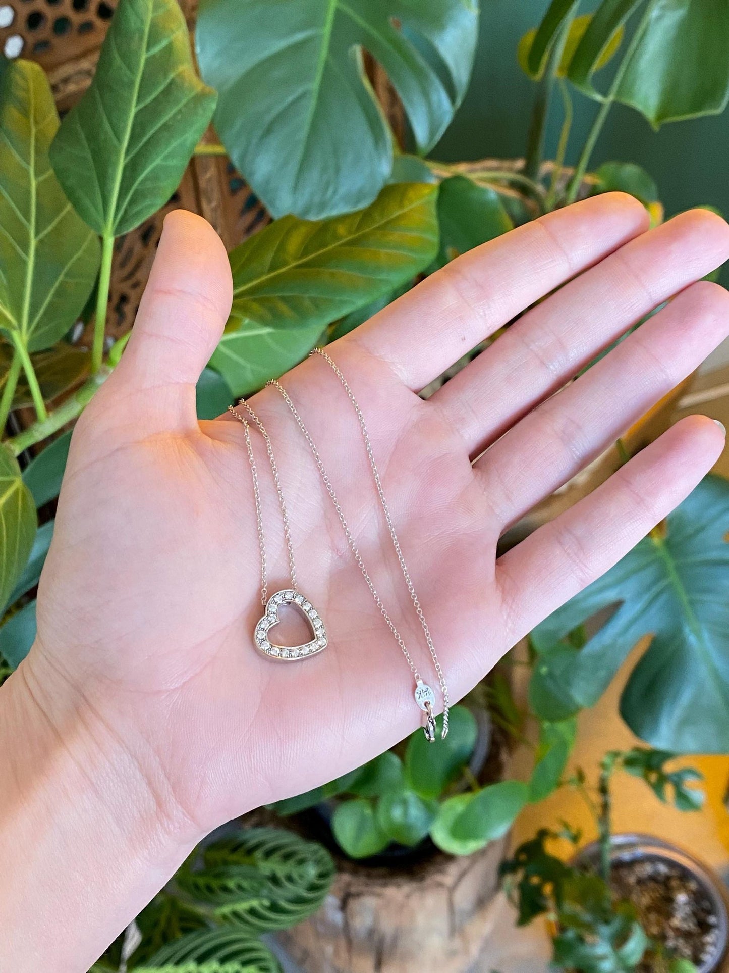 Vintage Solid 14k White Gold Diamond Heart Rolo Chain Necklace - 16 inches