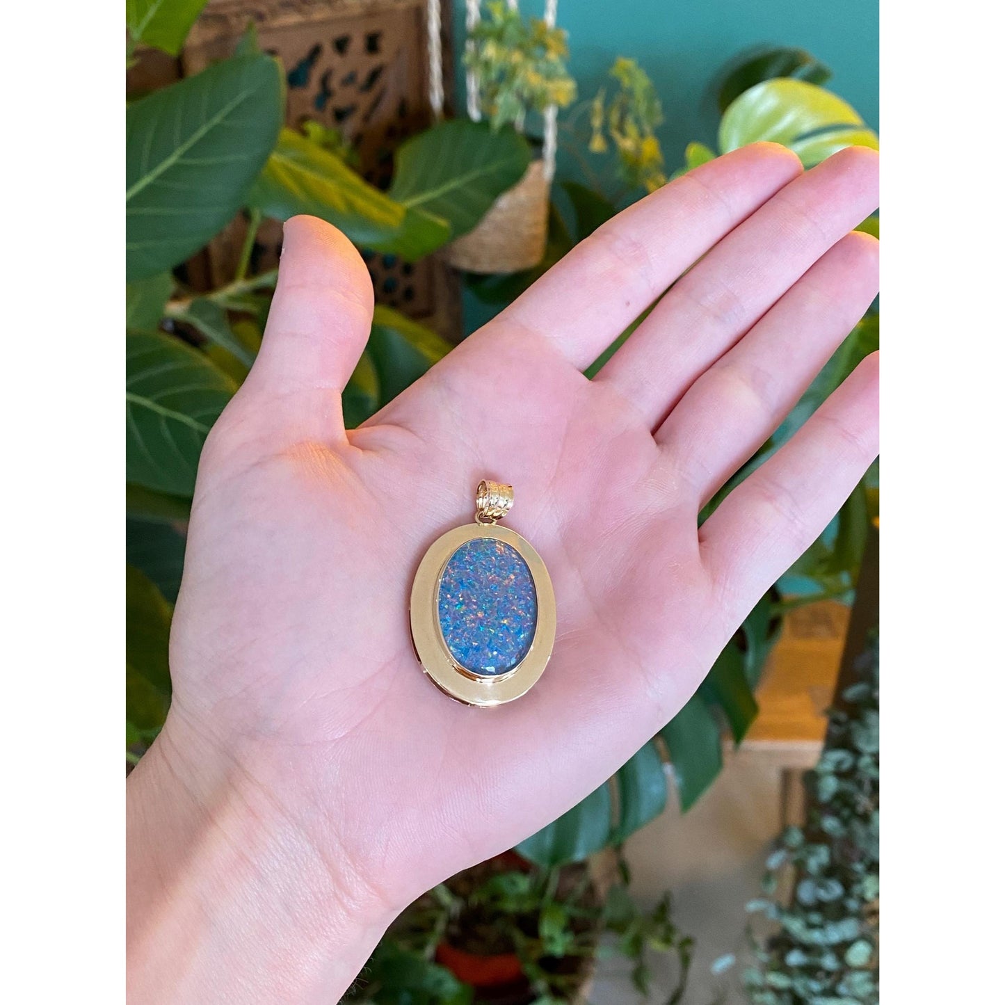 Vintage Solid 14k Yellow Gold Large Dichroic Glass Faux Opal Charm