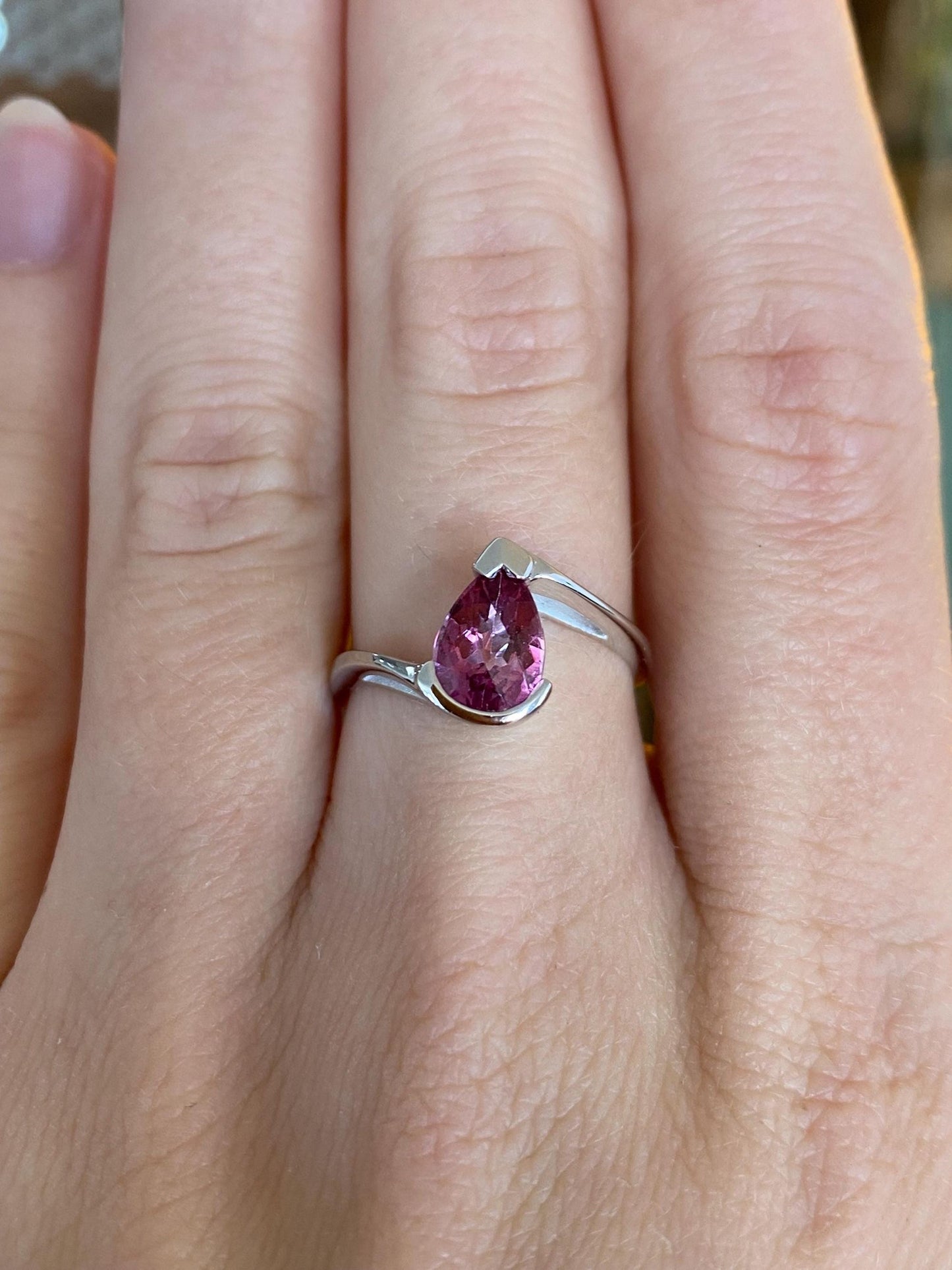 Vintage Solid 14k White Gold Rose Cut Pink Sapphire Teardrop Ring - Size 6.25