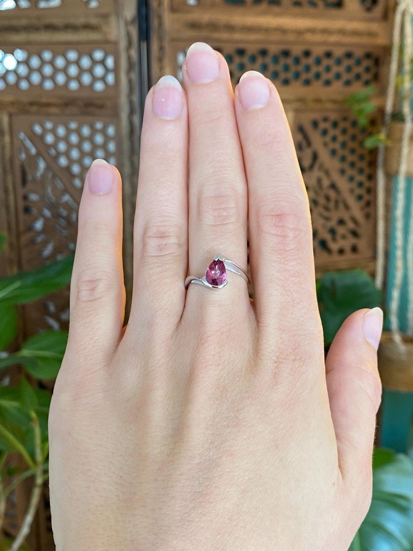 Vintage Solid 14k White Gold Rose Cut Pink Sapphire Teardrop Ring - Size 6.25