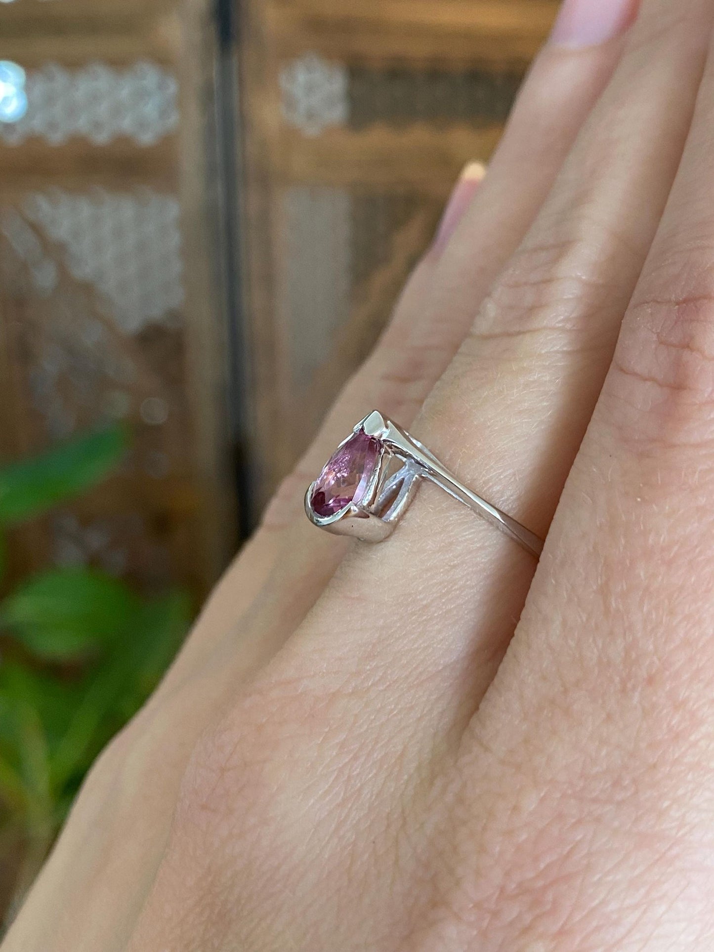 Vintage Solid 14k White Gold Rose Cut Pink Sapphire Teardrop Ring - Size 6.25