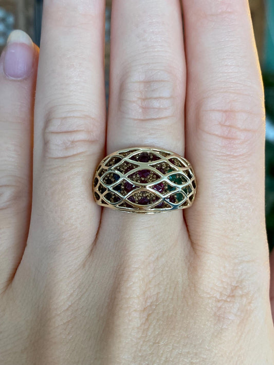 Vintage Solid 10k Yellow Gold Ruby Emerald Sapphire Caged Ring Band - Size 7