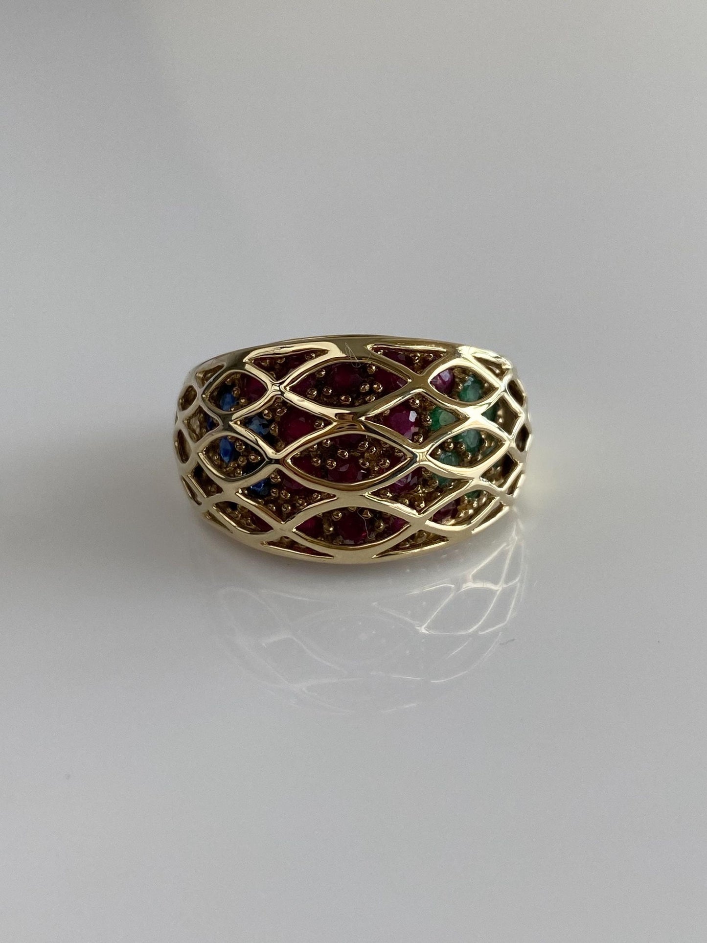 Vintage Solid 10k Yellow Gold Ruby Emerald Sapphire Caged Ring Band - Size 7