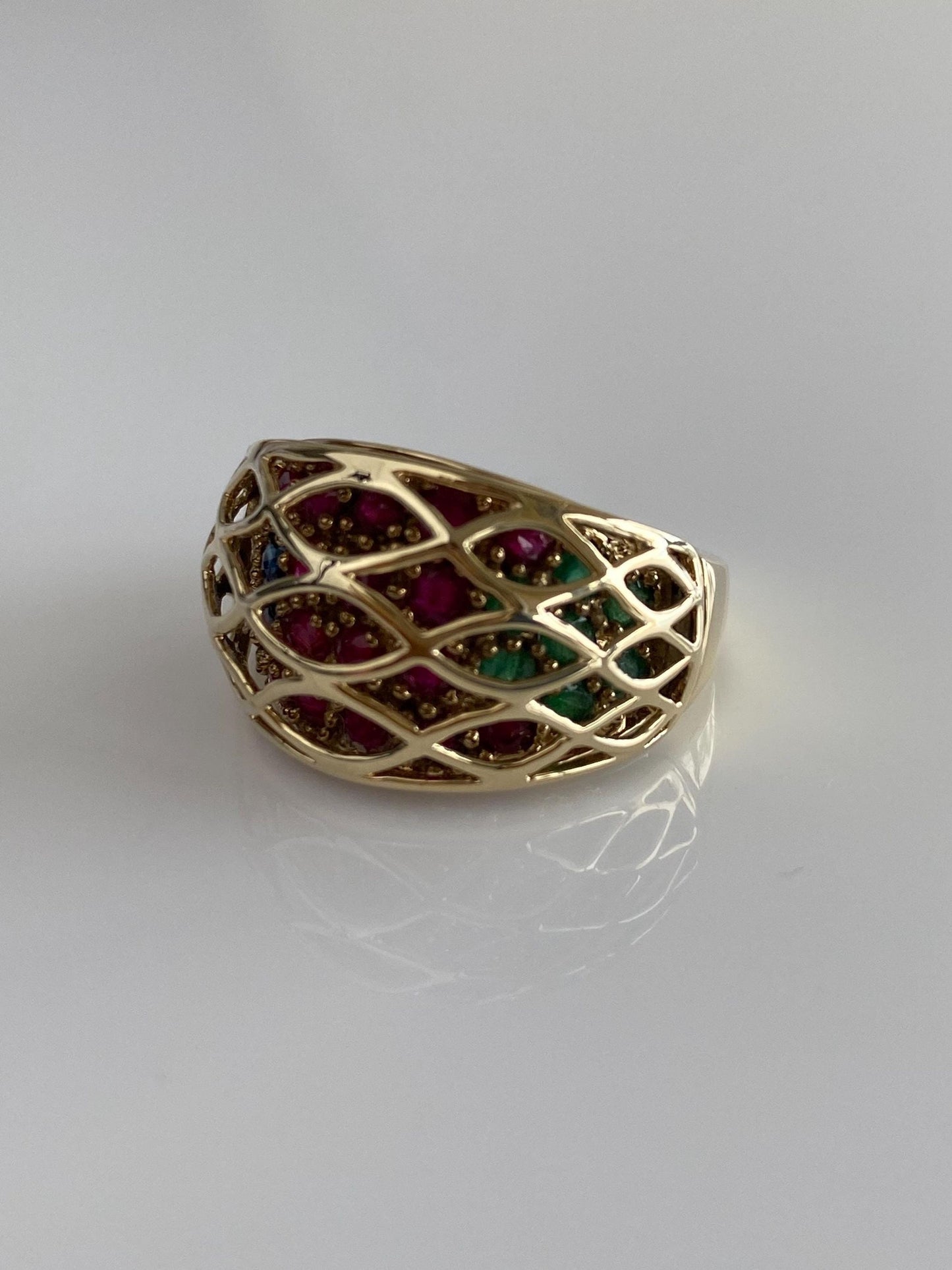 Vintage Solid 10k Yellow Gold Ruby Emerald Sapphire Caged Ring Band - Size 7