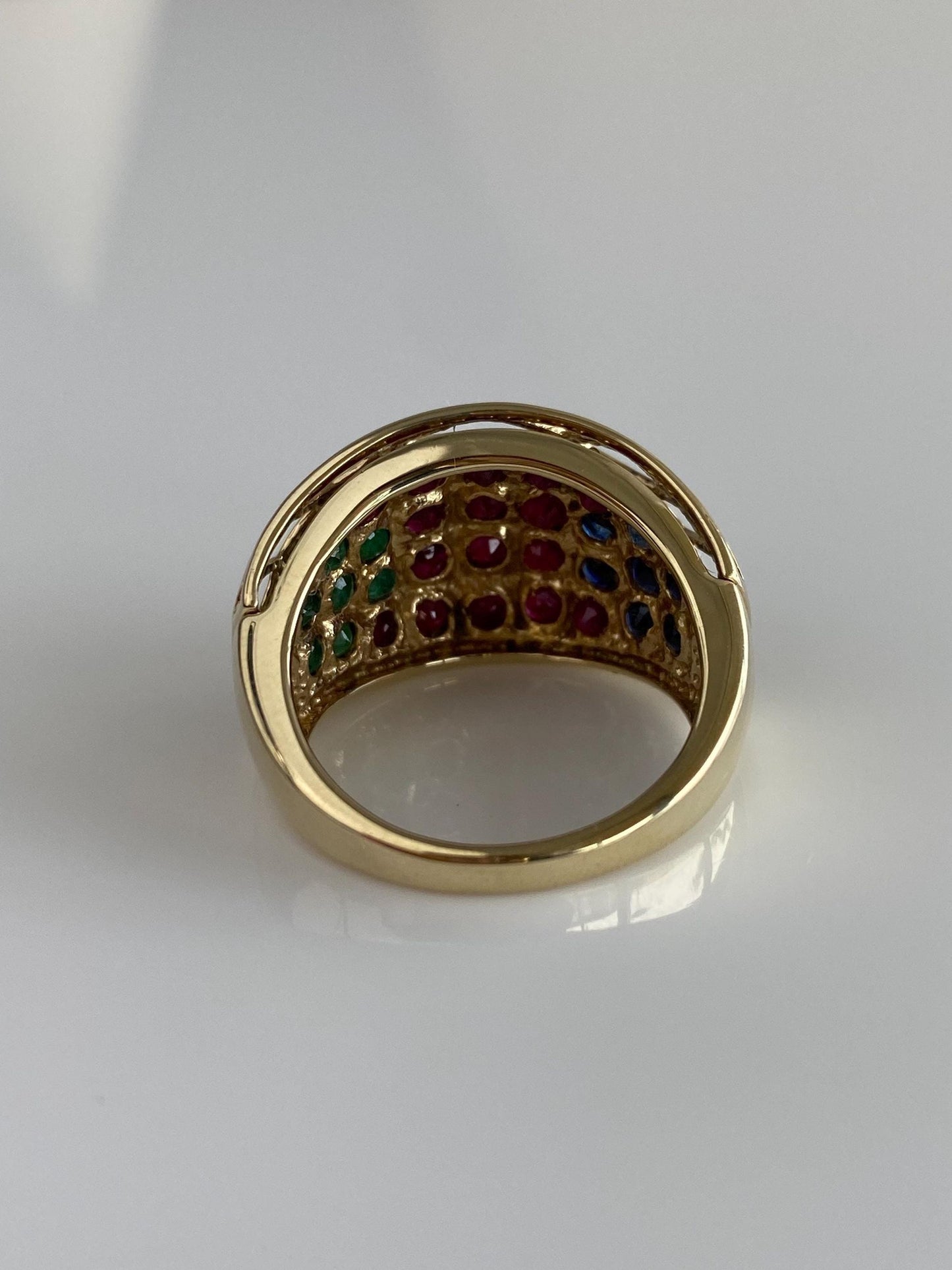 Vintage Solid 10k Yellow Gold Ruby Emerald Sapphire Caged Ring Band - Size 7