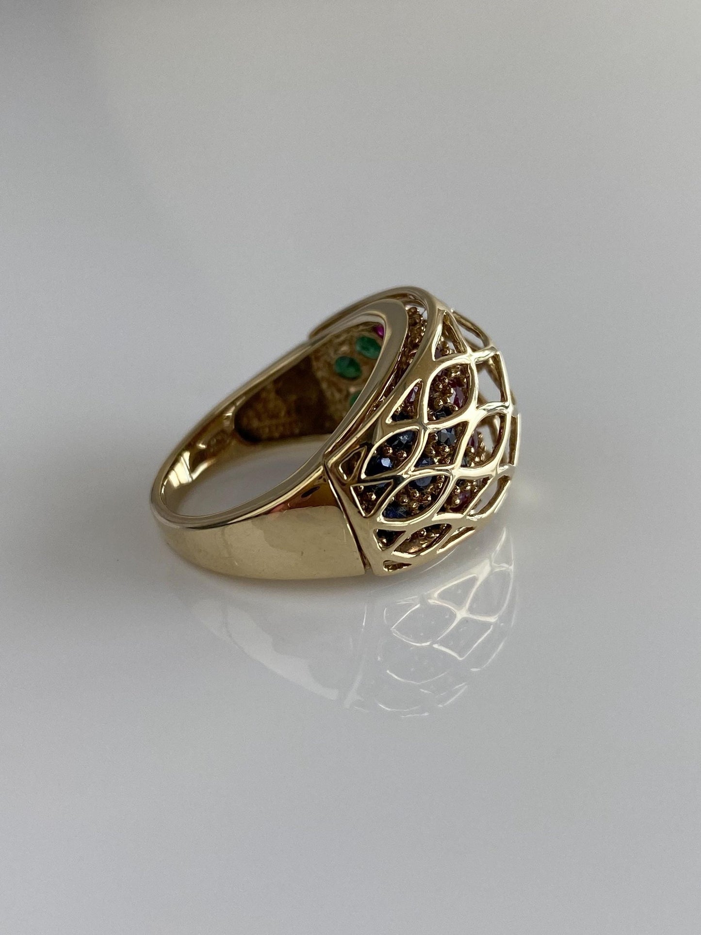 Vintage Solid 10k Yellow Gold Ruby Emerald Sapphire Caged Ring Band - Size 7