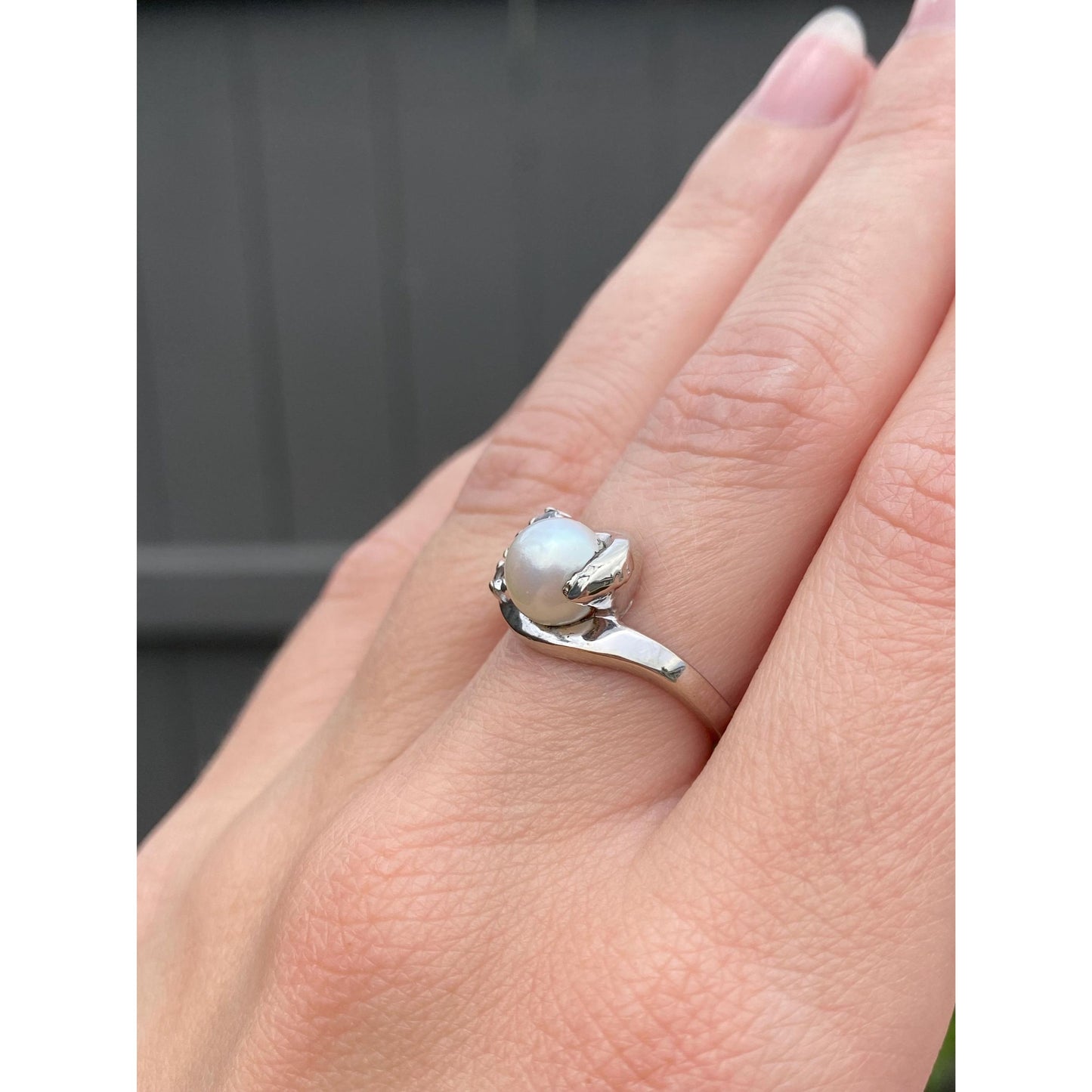 Vintage Solid 14k White Gold Pearl Clear Quartz Ring - Size 6