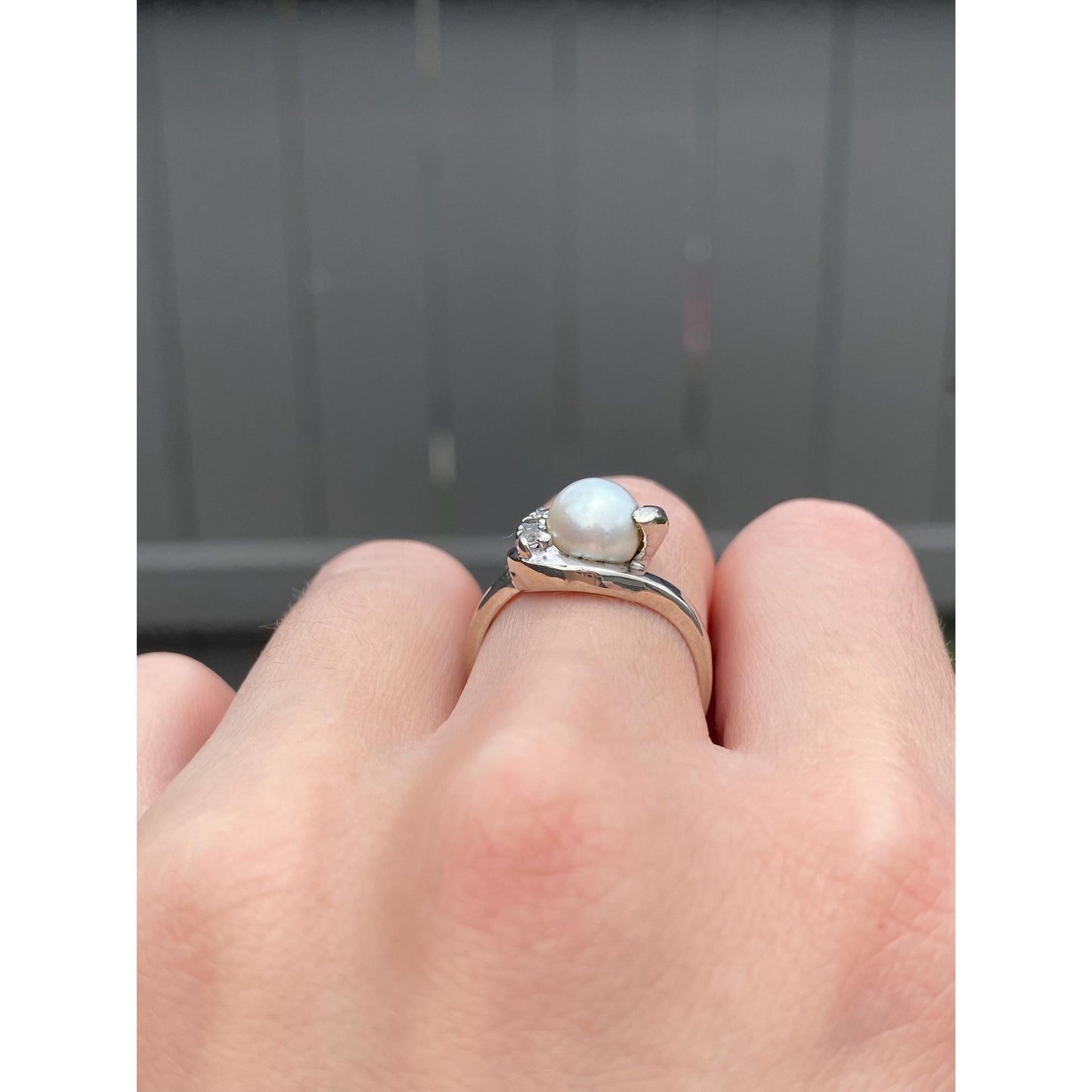 Vintage Solid 14k White Gold Pearl Clear Quartz Ring - Size 6