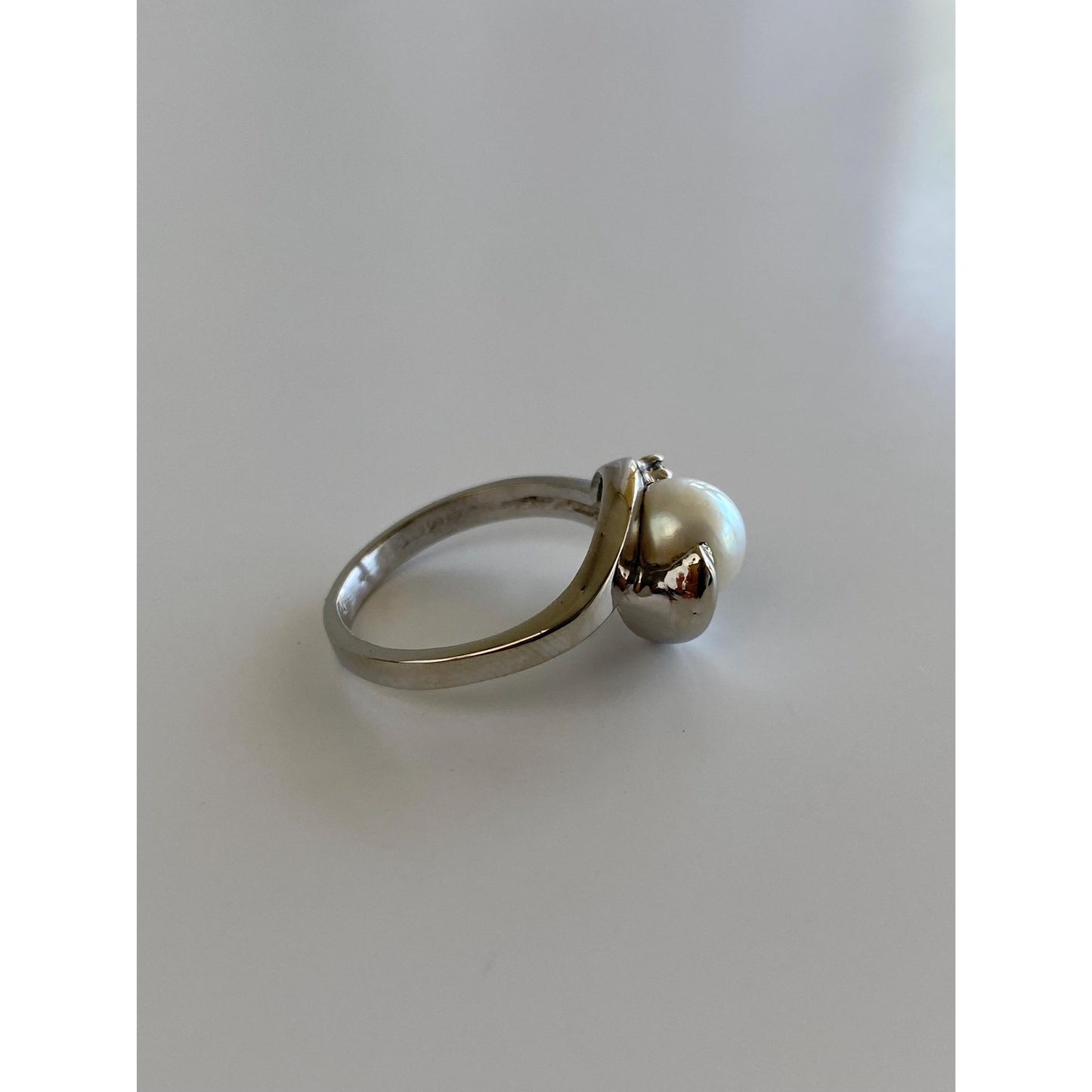 Vintage Solid 14k White Gold Pearl Clear Quartz Ring - Size 6