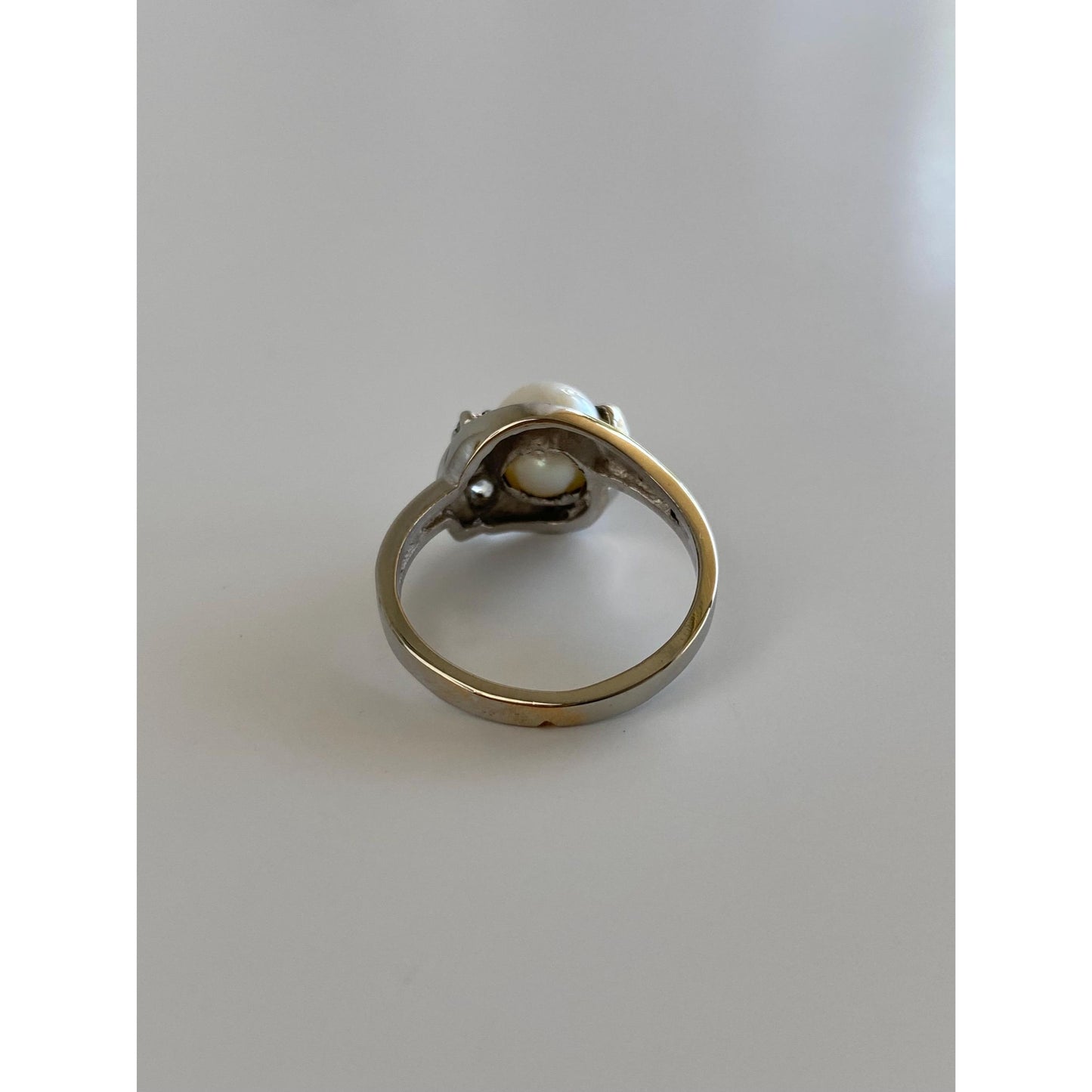 Vintage Solid 14k White Gold Pearl Clear Quartz Ring - Size 6