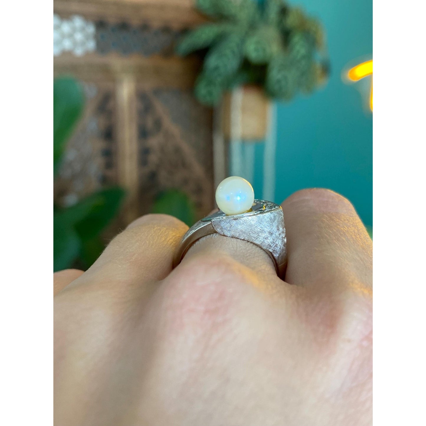 Vintage Solid 14k White Gold Diamond Pearl Ring - Size 7.75