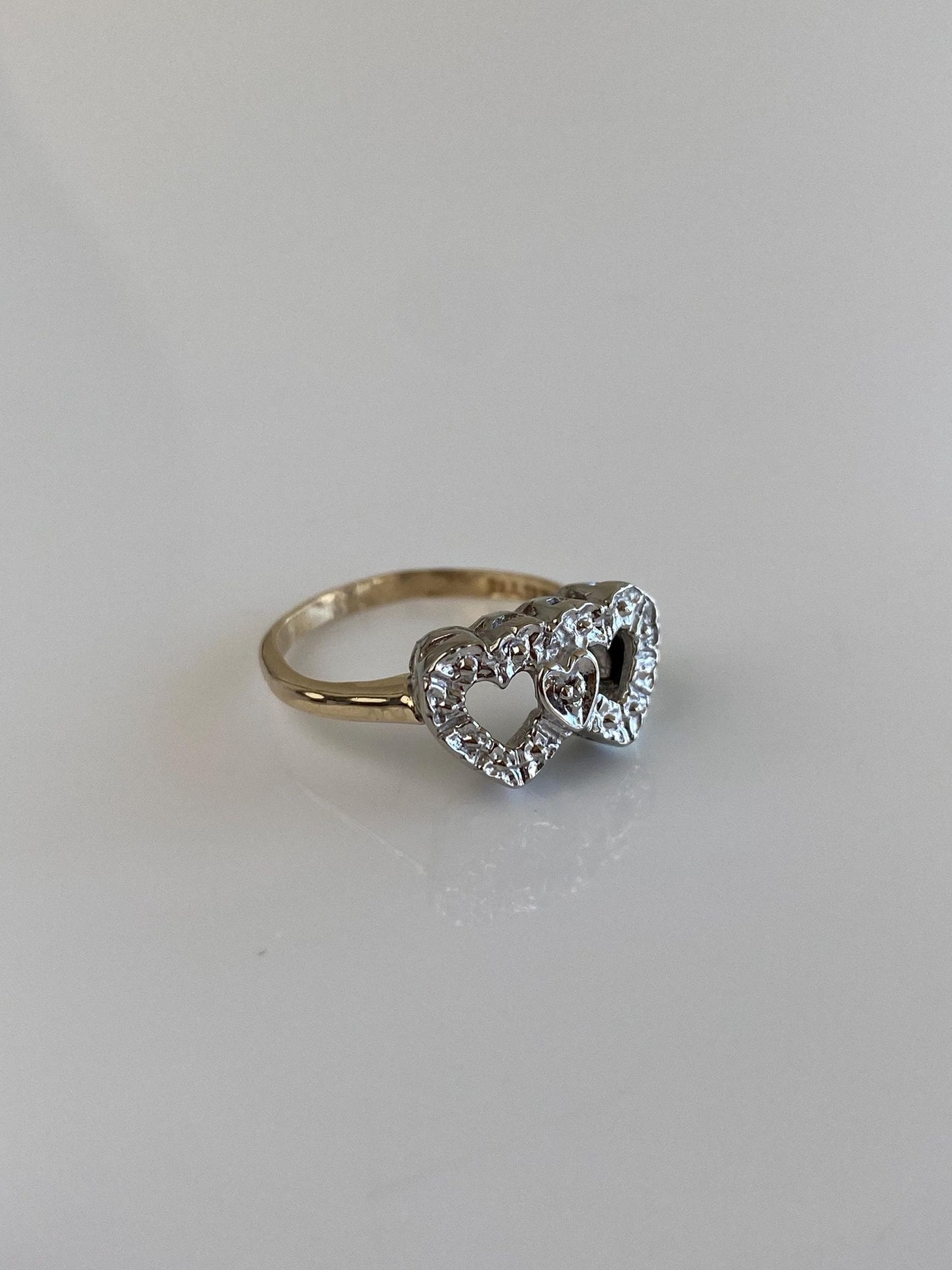 Vintage Solid 10k White & Yellow Gold Hearts Ring - Size 5.75