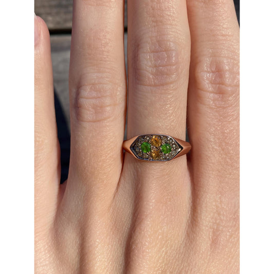 Vintage Solid 8k Rosey Gold Yellow Sapphire Green Cubic Zirconia Ring - Size 7