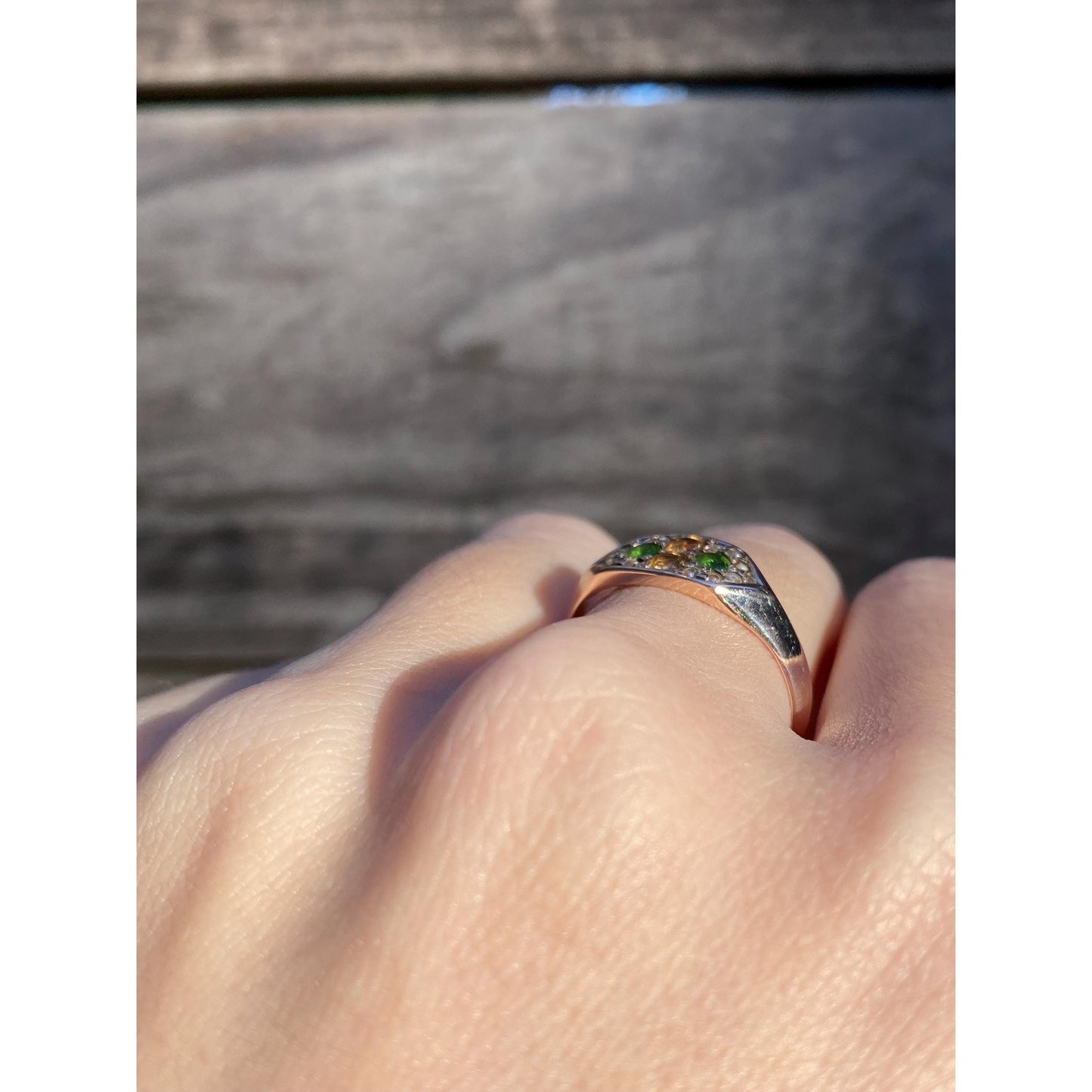 Vintage Solid 8k Rosey Gold Yellow Sapphire Green Cubic Zirconia Ring - Size 7