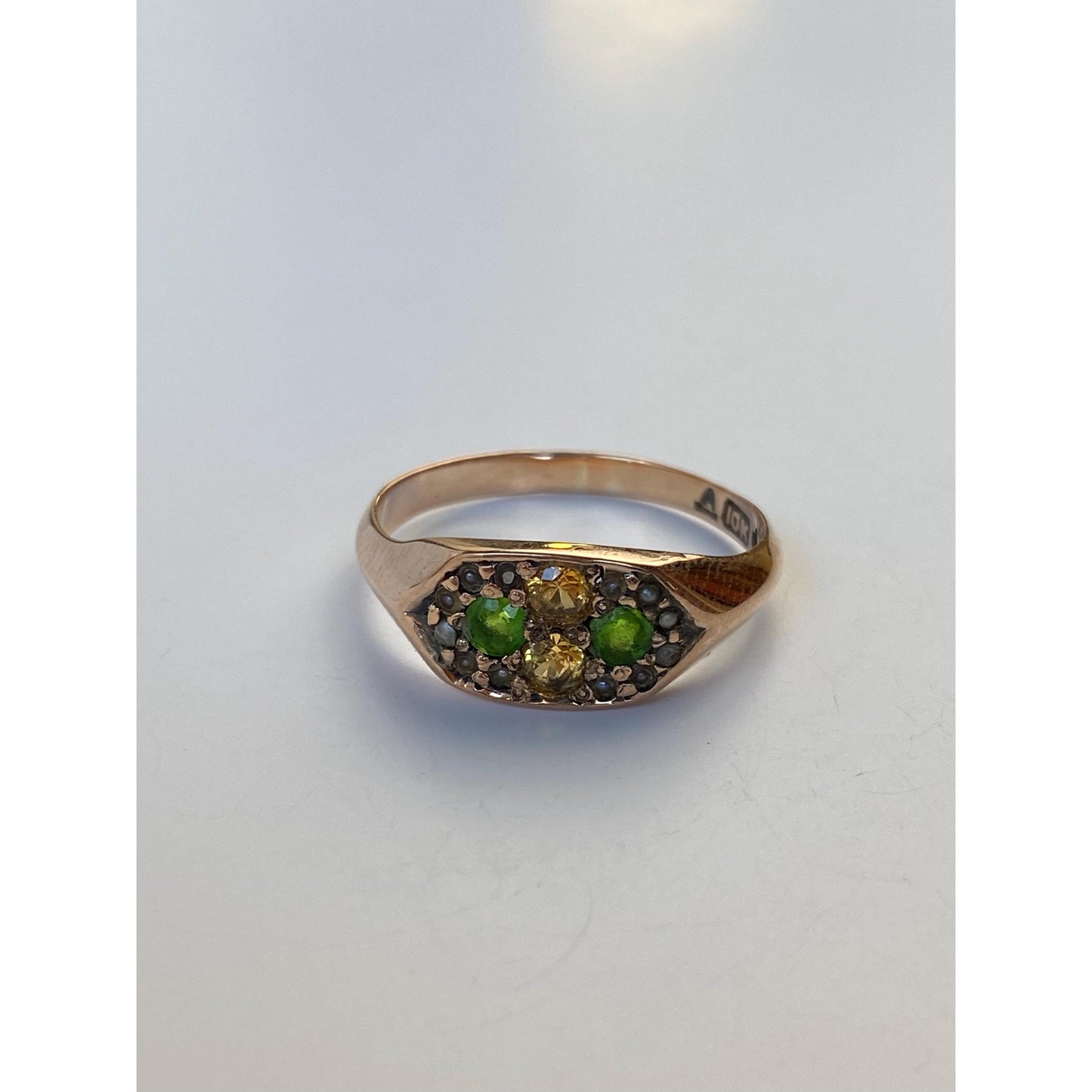 Vintage Solid 8k Rosey Gold Yellow Sapphire Green Cubic Zirconia Ring - Size 7