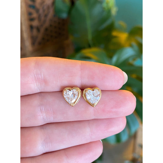 Solid 14k Yellow Gold Clear Cubic Zirconia Heart Stud Earrings