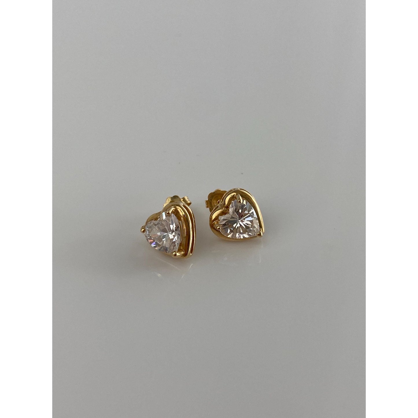 Solid 14k Yellow Gold Clear Cubic Zirconia Heart Stud Earrings