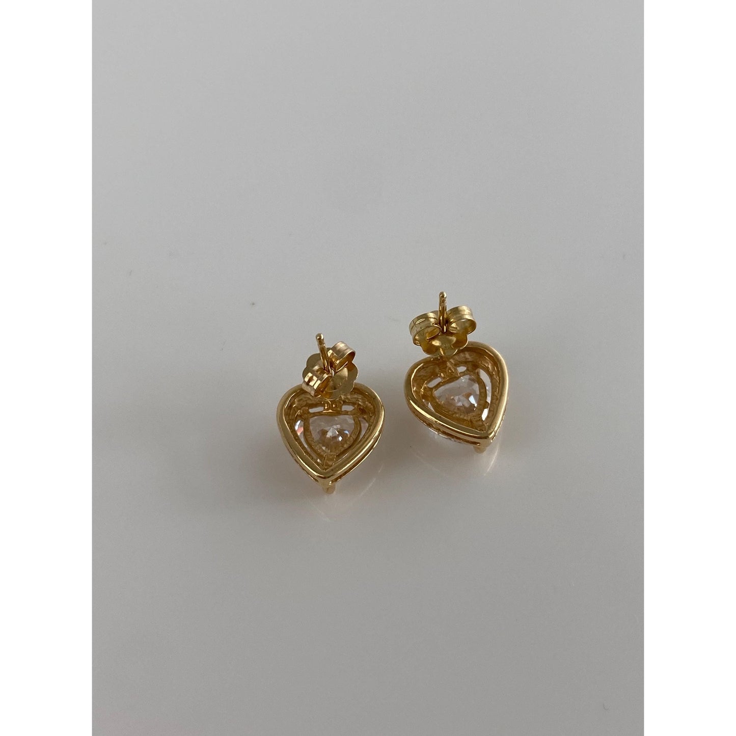 Solid 14k Yellow Gold Clear Cubic Zirconia Heart Stud Earrings