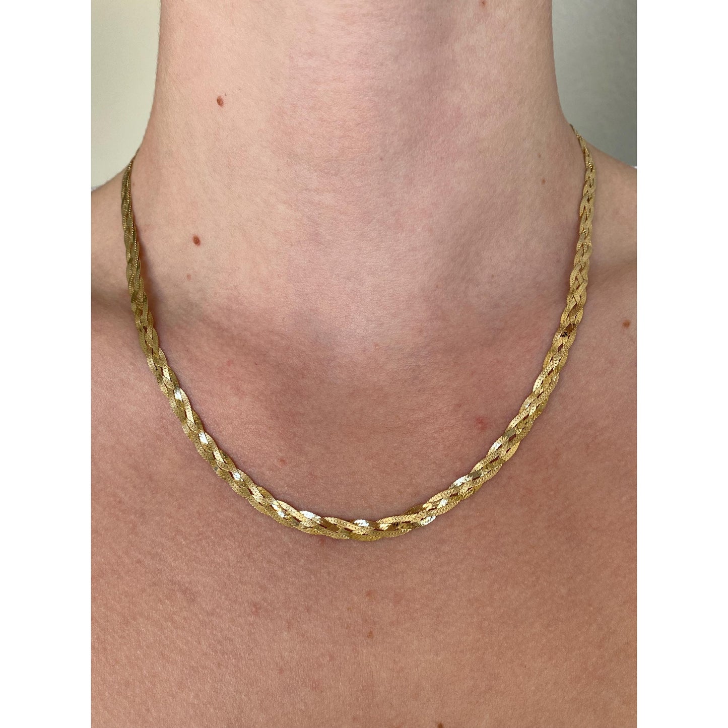 Vintage Solid 14k Yellow Gold Braided Flat Chain Necklace - 18 inches
