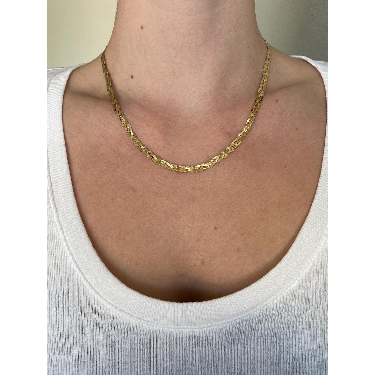 Vintage Solid 14k Yellow Gold Braided Flat Chain Necklace - 18 inches