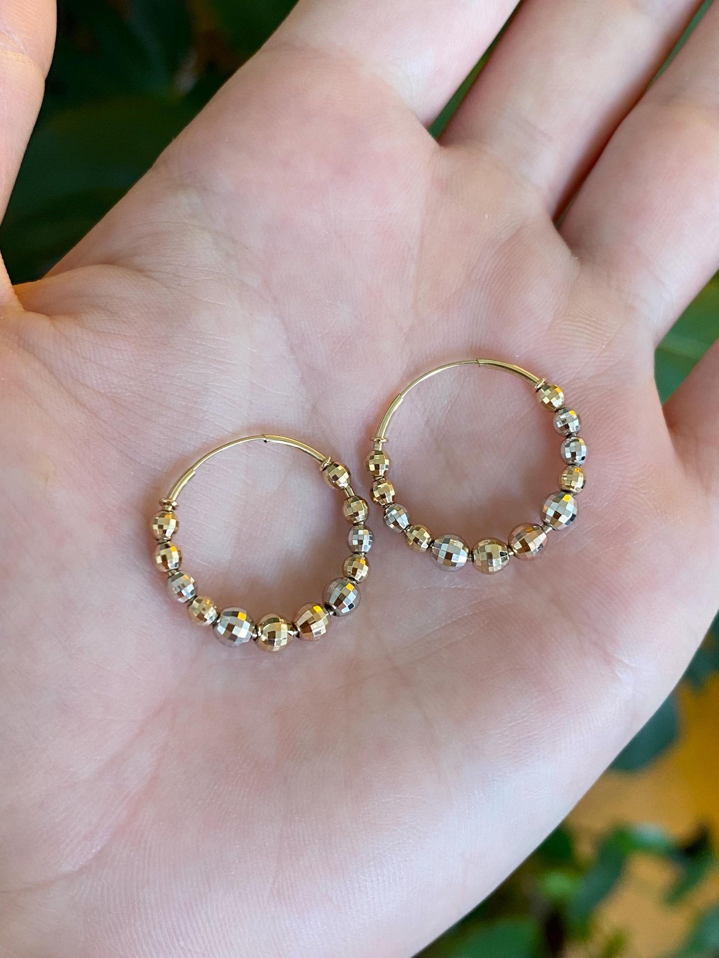 Vintage 14k Tri Tone Gold Faceted Bead Hoop Earrings