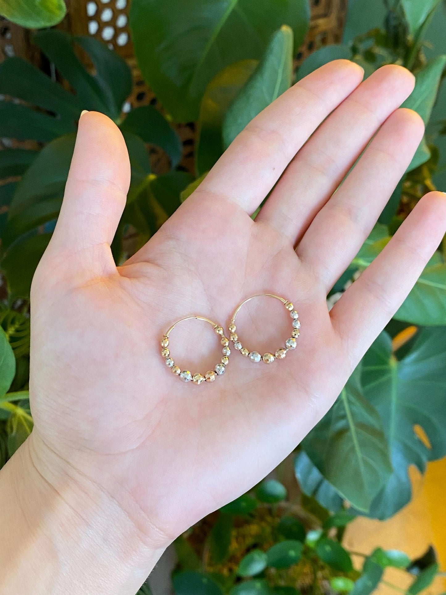 Vintage 14k Tri Tone Gold Faceted Bead Hoop Earrings